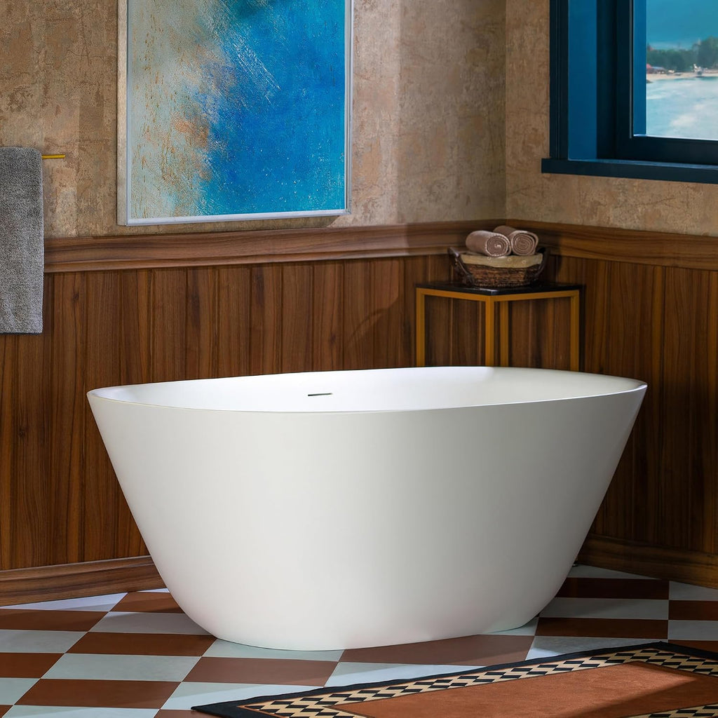 WOODBRIDGE 55 in. x 31.5 in. Stone Resin Luxury Contemporary Solid Surface Freestanding Bathtub in Matte White