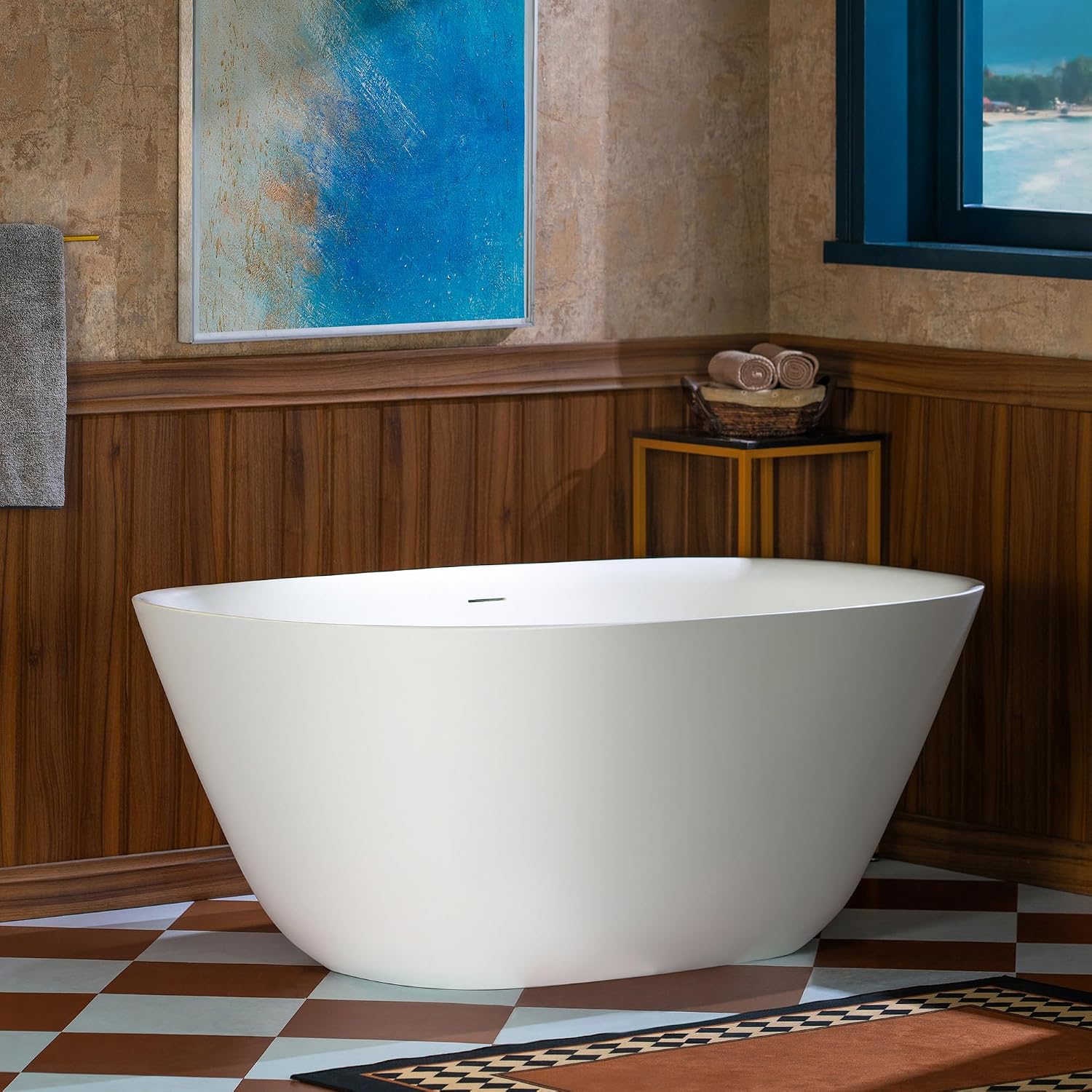 WOODBRIDGE 55 in. x 31.5 in. Stone Resin Luxury Contemporary Solid Surface Freestanding Bathtub in Matte White