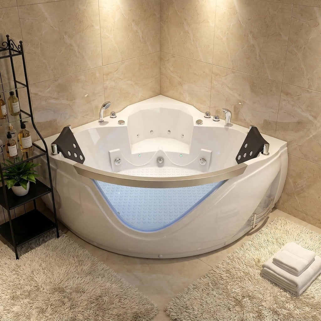59' Corner Whirlpool Bathtub with 20 Multi-Directional Jets, 110-Gallon Capacity & LED Chromotherapy Ambient Lighting for Spa-Like Relaxation,Milk White