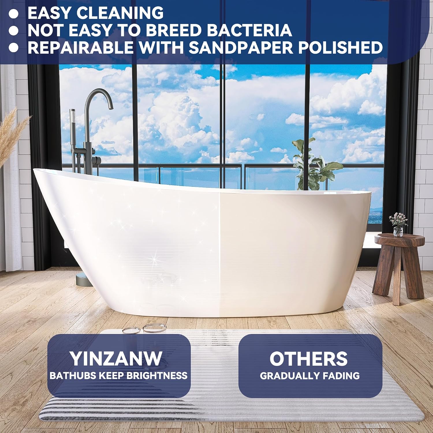 59' Acrylic Free Standing Tub, Stand Alone Tub, Freestanding Bathtub, Soaking Bathtub, cUPC Certified, CM(Glossy White)