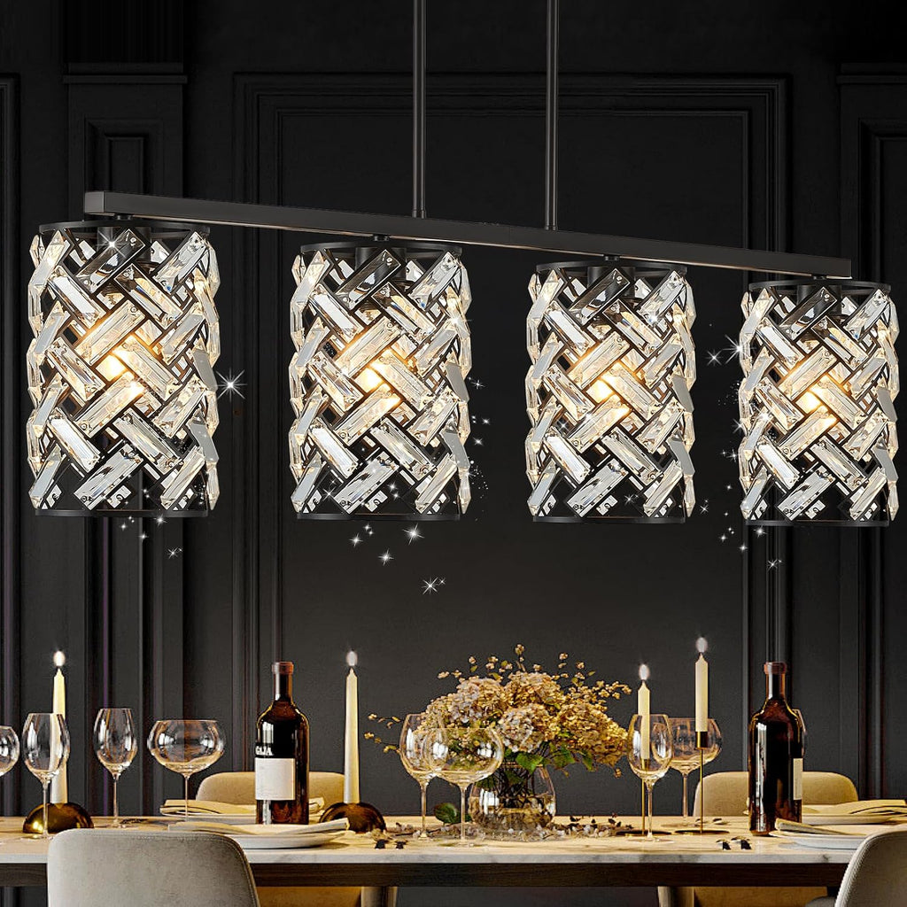 CATINER 40' Crystal Kitchen Island Lighting 4 Lights Modern Black Linear Chandelier Dining Room Light Fixture Over Table Luxury Ceiling Pendant Light Fixture