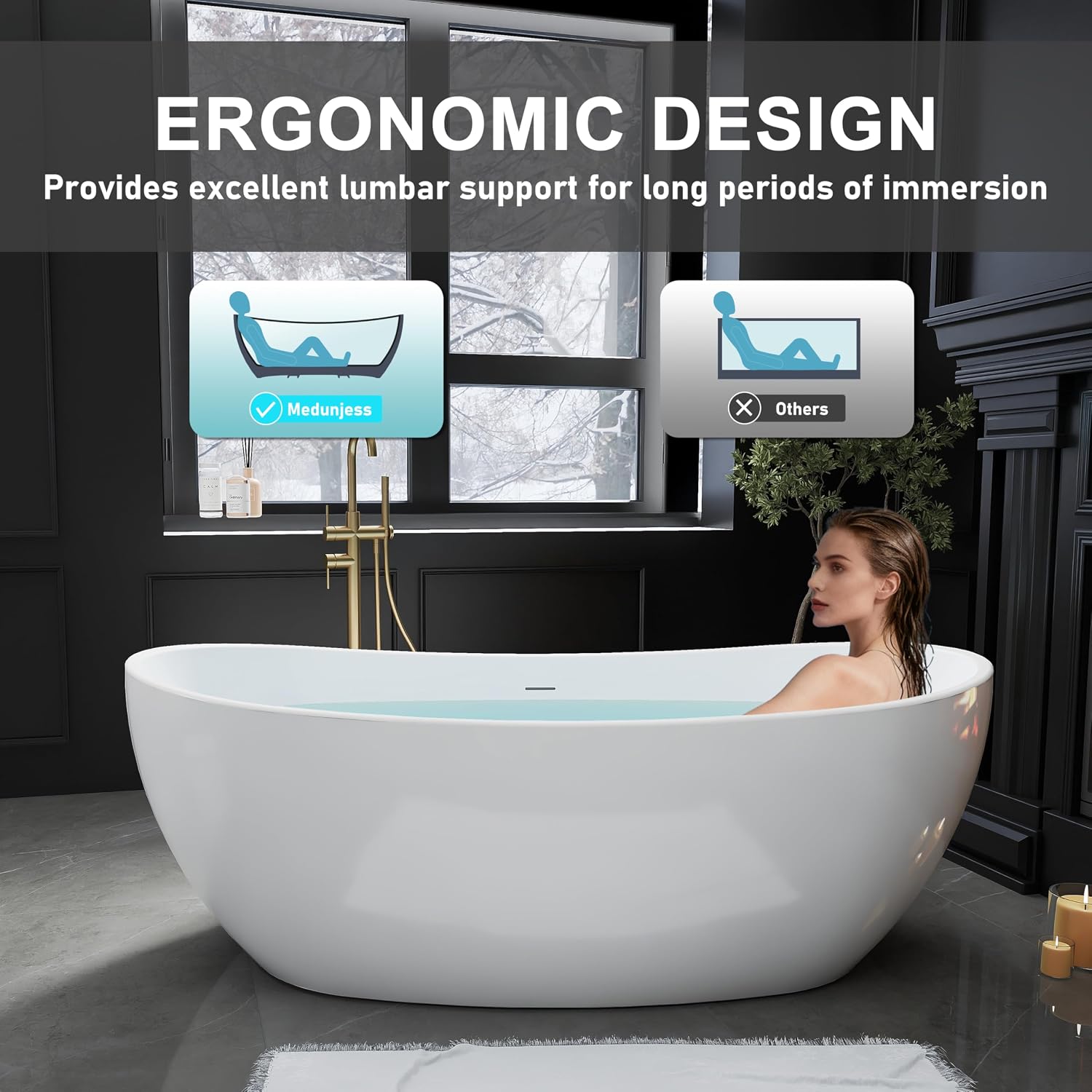 65' Acrylic Freestanding Bathtub, Stand Alone Tub, Soaking Tubs for Bathroom, Free Standing Tub with Integrated Overflow and Drain, cUPC Certified, Gloss White