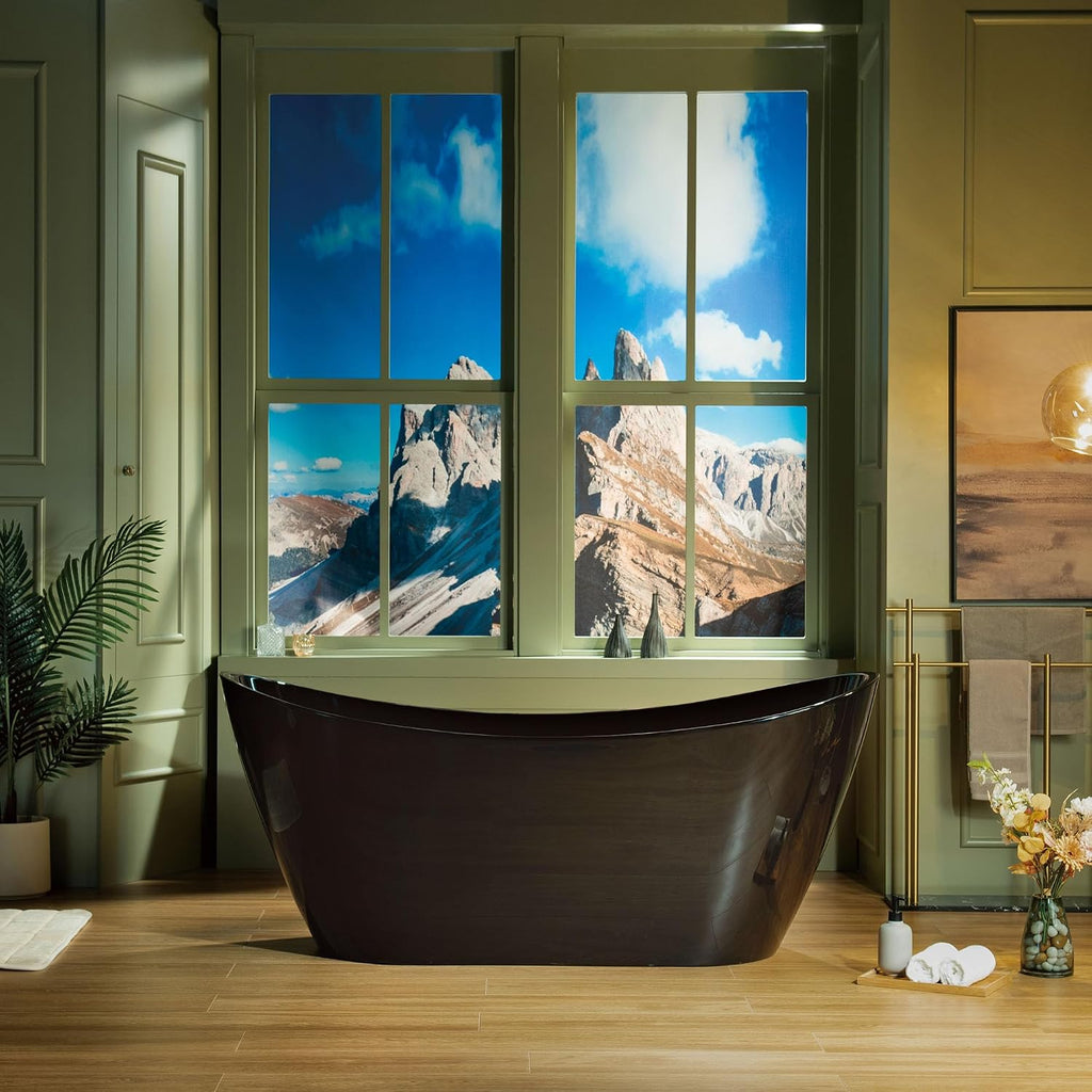 WOODBRIDGE 67' L x 31-1/2' W Freestanding Contemporary Acrylic Soaking Bathtub in Glossy Black Inside and Outside with Matte Black Drain & Overflow, Black, B8810-MB