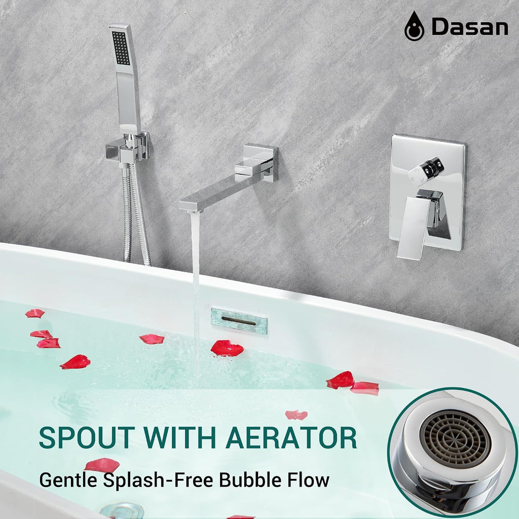 DASAN Swiveling Wall Mount Tub Filler Faucet Set with Hand Held Shower, Chrome Modern Creative Bathtub Faucet Wall Mounted Bath Tub Faucet with High Flow Rough in Valve, SA-TF05WH-PC