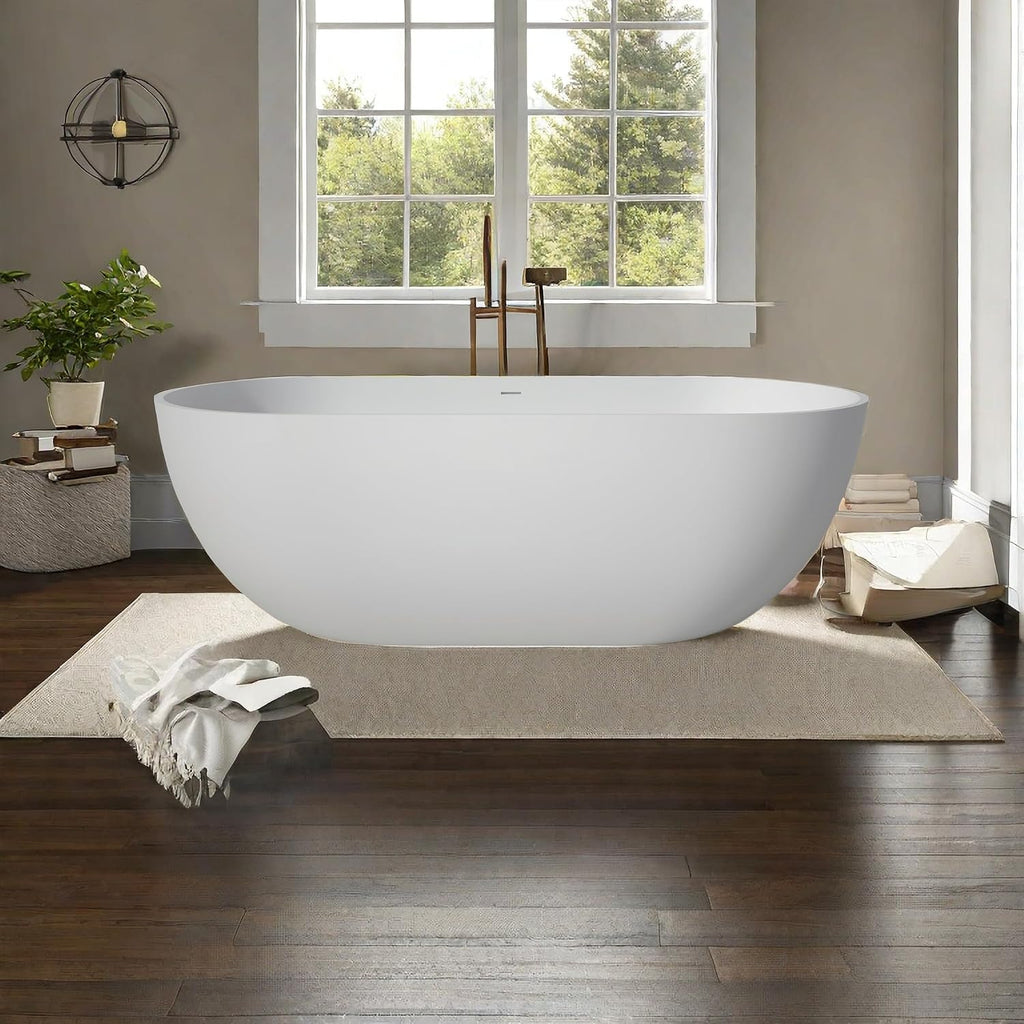 59 Inch Freestanding Bathtub Oval Shaped Solid Surface Resin Stone soaker Freestanding Tubs Matte White Soaking Tub with Overflow and Pop-up Drain (white)307-1500
