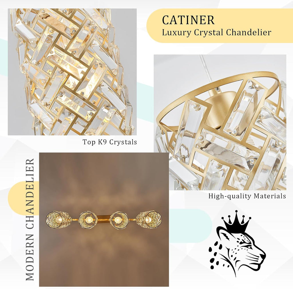 CATINER Gold Crystal Kitchen Island Lighting 40' Modern Linear Chandelier 4 Lights Ceiling Pendant Light Fixture Luxury for Kitchen Dining Room Living Room