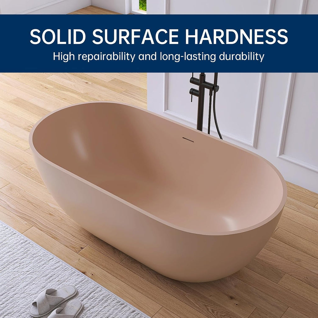 59' Resin Stone Free Standing Tub Bathtubs, Soaking Tub with Solid Surface, Bathroom Freestanding Bathtub with Overflow and Drain, Pink