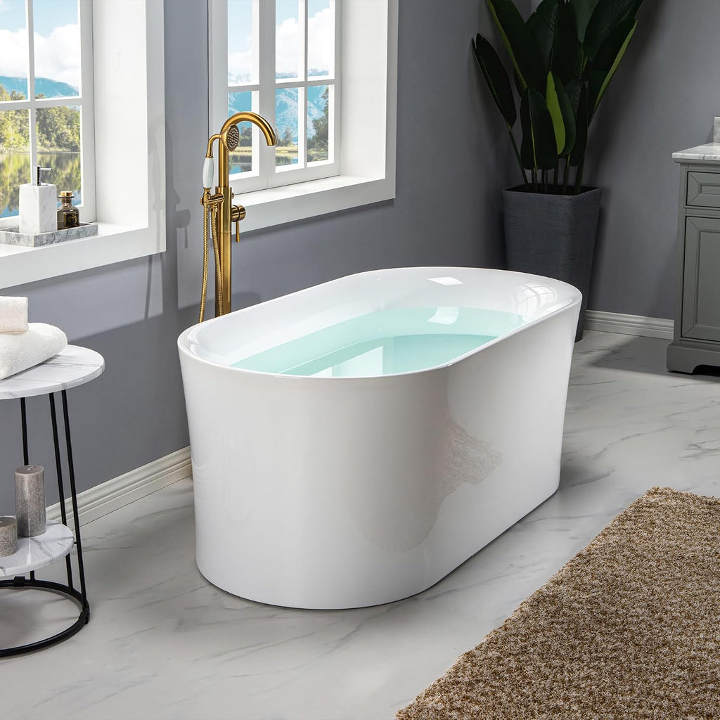 WOODBRIDGE 59' Acrylic Freestanding Bathtub Contemporary Soaking Tub with Brushed Nickel Overflow and Drain,White Tub,B0058-BN