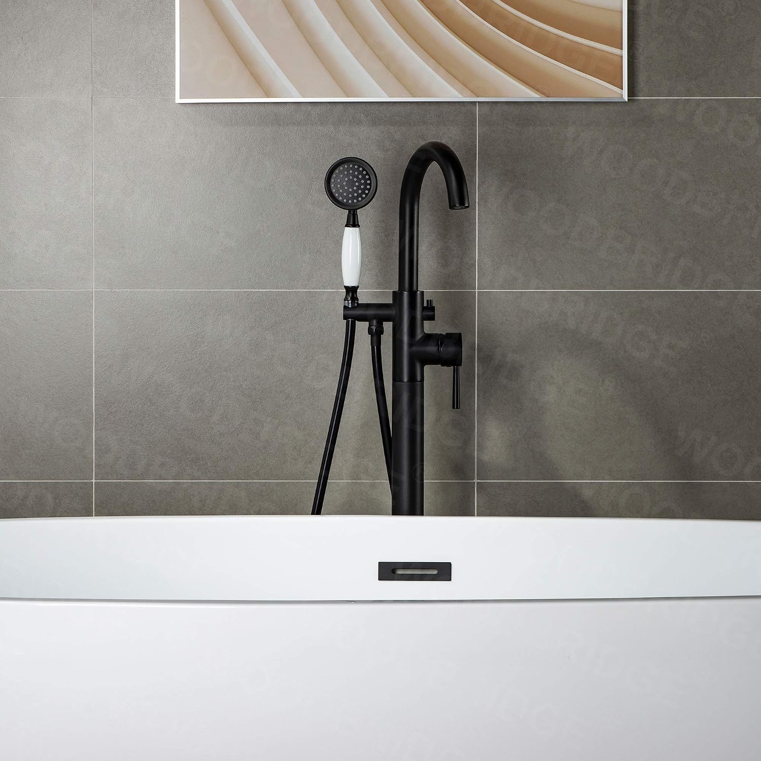 WOODBRIDGE WOODBRIDGEE Contemporary Single Handle Floor Mount Freestanding Tub Filler Faucet with Hand Shower in (Matte Black) Finish,F0006-MBVT