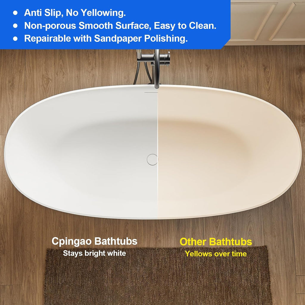 Cpingao 63' Solid Surface Freestanding Bathtub, Modern Oval Shape Soaking Tub, Stone Resin Stand Alone Bathtub with Drain & Integrated Slotted Overflow Matte White 8845-1600