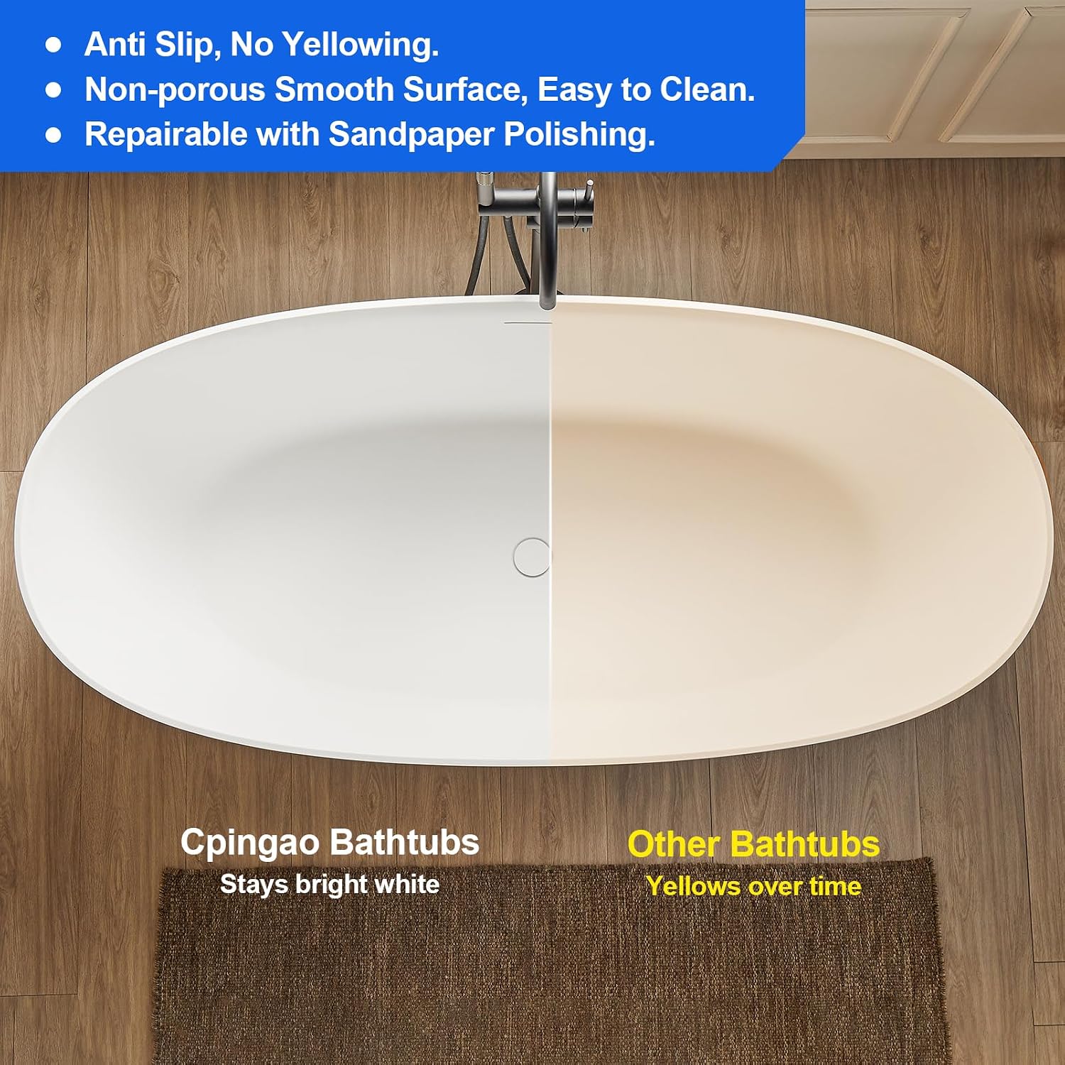 Cpingao 71' Stone Resin Freestanding Bathtub, Contemporary Oval Stand Alone Soaking Tubs, Solid Surface Bathtub with Drain & Integrated Slotted Overflow Matte White 8845-1800