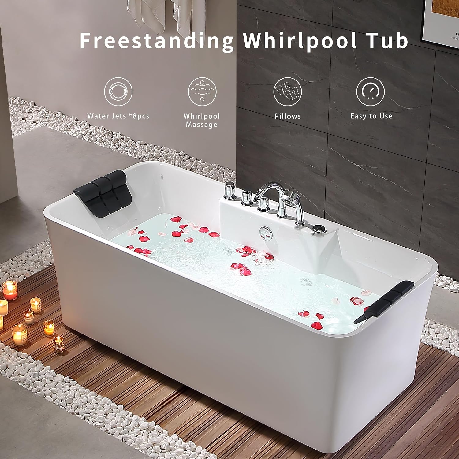 59 in. Acrylic Freestanding Bath Tub Hydromassage Gracefully Rectangle Shaped 8 Water Jets Soaking SPA, Double-Ended Massage Bathtubs with Two Black Pillows , White
