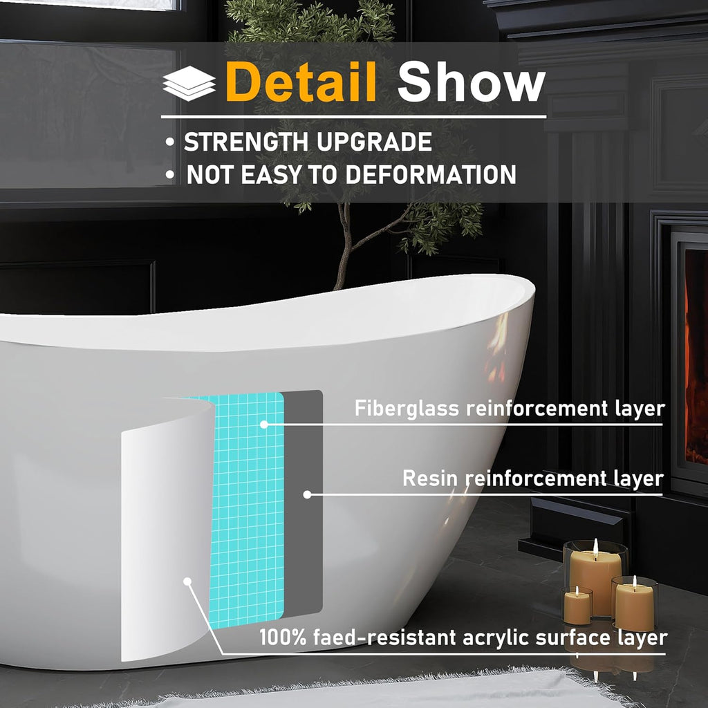 60' Acrylic Freestanding Bathtubs, High-back Stand Alone Tub, Soaking Tubs for Bathroom, Integrated Overflow and Drain, cUPC Certified, Gloss White