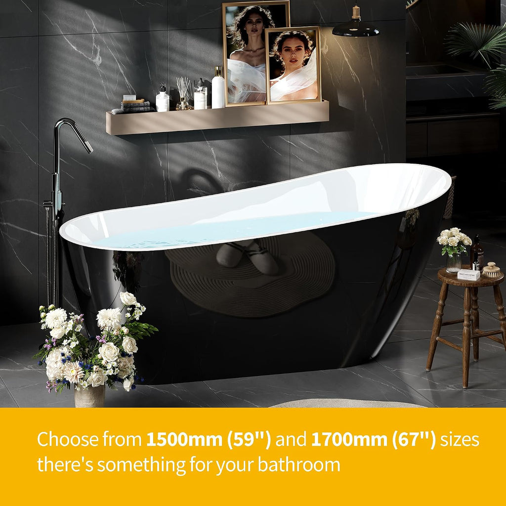 59 Inch Freestanding Bathtub, Acrylic Deep Soaking Tub, Chrome Overflow and Drain, Non-Slip Standalone Bath Tub for Bathroom, cUPC Certified, Ergonomic Modern Bath for Bathrooms