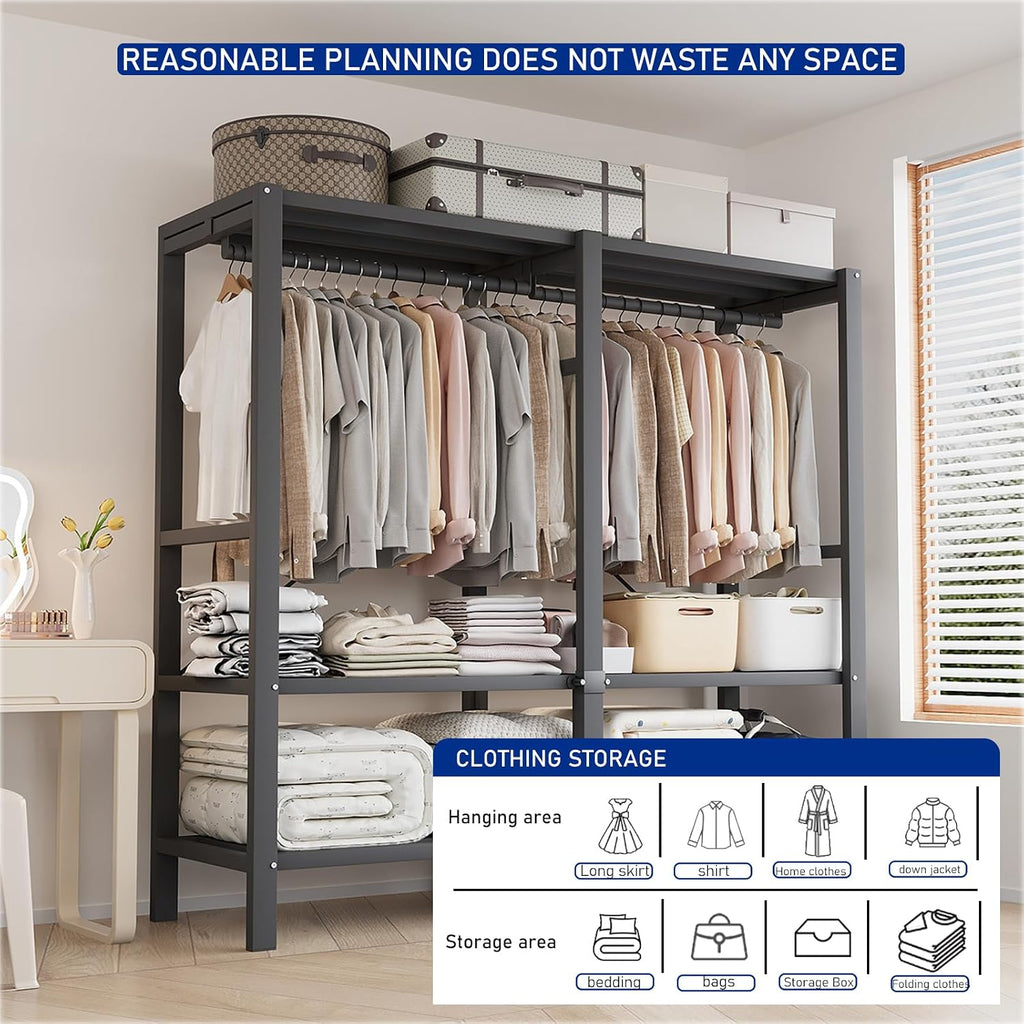 Heavy Duty Clothes Rack With Magnetic Door, Load 1500lbs, Foldable Portable Wardrobe Closet, Hanging Clothing Metal Garment Rack Closet System For Bedroom,Apartments,Rentals (Brown KT, 190cm/75in)