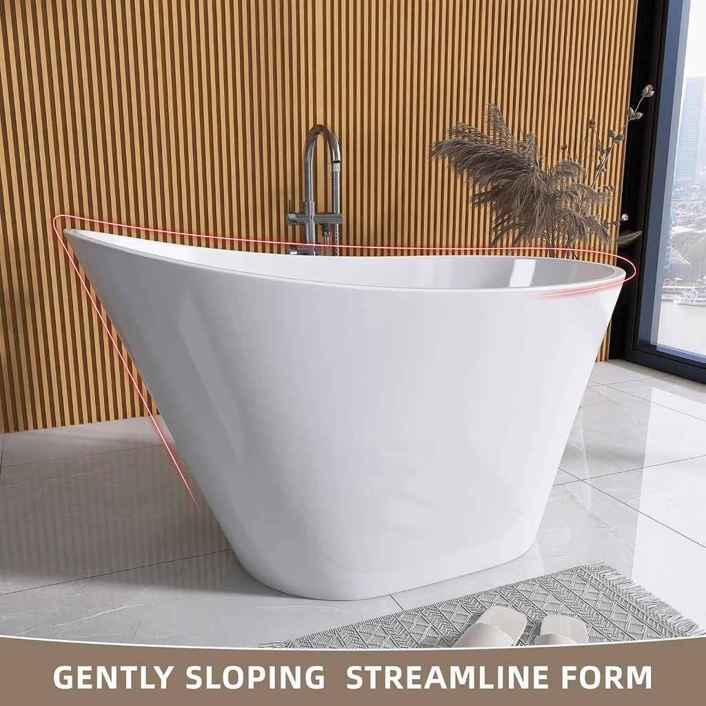 GETPRO Free Standing Tub 51' Deep Soaking Bath Tub, Oval Shape Acrylic Freestanding Bathtub with Integrated Slotted Overflow and Removable Anti-clogging Drain Glossy White