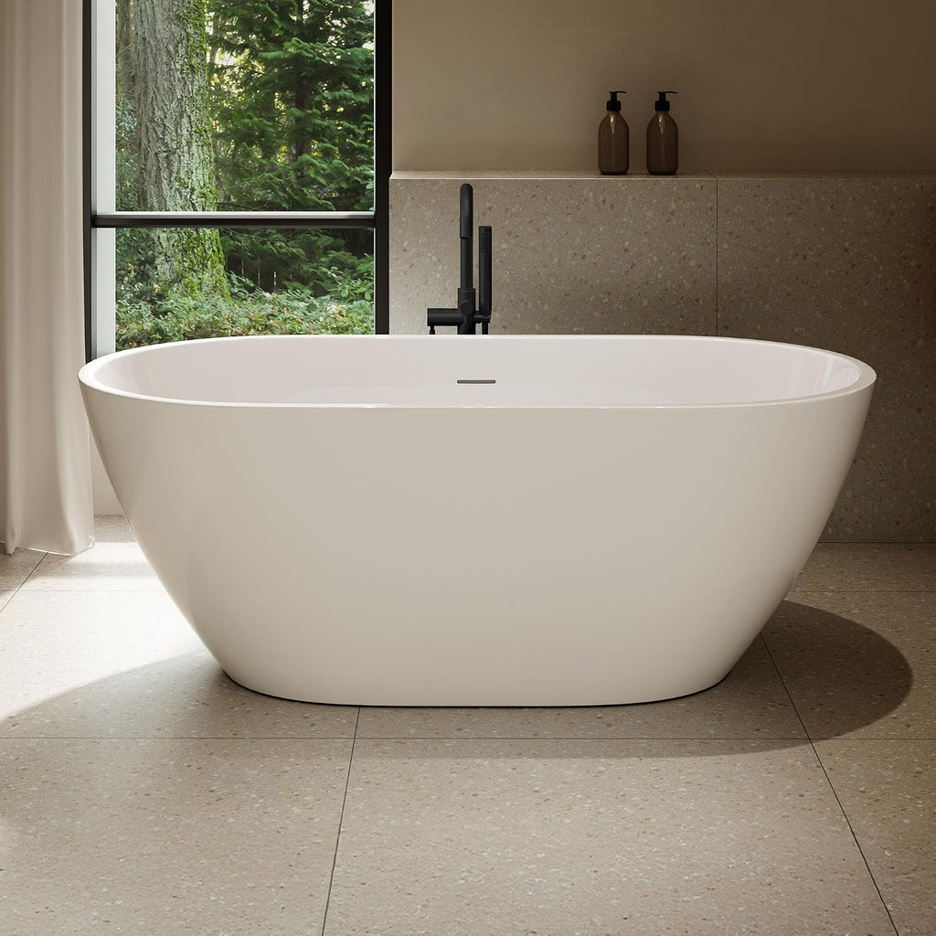 OVE Decors Ayago 59 in. Solid Surface Freestanding White Acrylic Soaking Bathtub, with Overflow and Matte Black Pop-up Drain