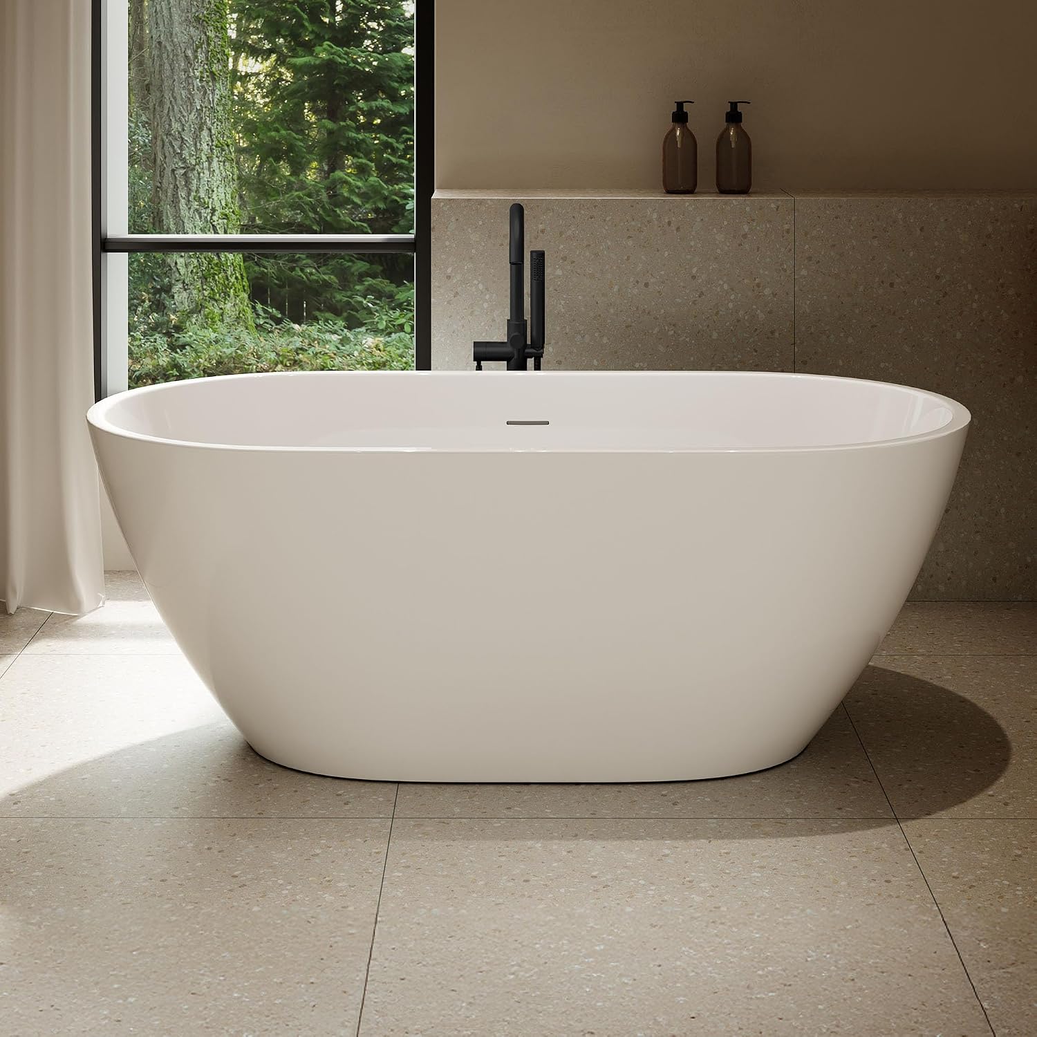 OVE Decors Ayago 59 in. Solid Surface Freestanding White Acrylic Soaking Bathtub, with Overflow and Matte Black Pop-up Drain