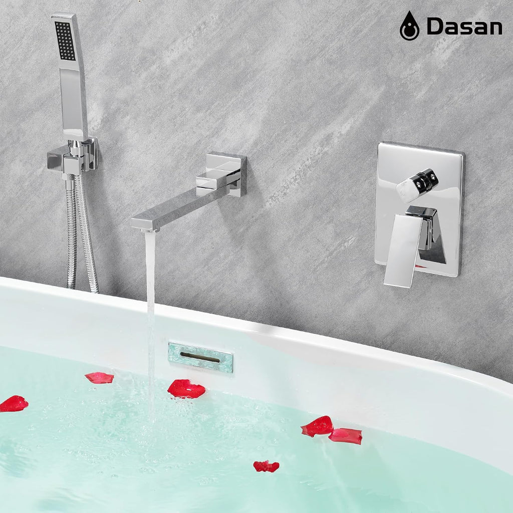 DASAN Swiveling Wall Mount Tub Filler Faucet Set with Hand Held Shower, Chrome Modern Creative Bathtub Faucet Wall Mounted Bath Tub Faucet with High Flow Rough in Valve, SA-TF05WH-PC