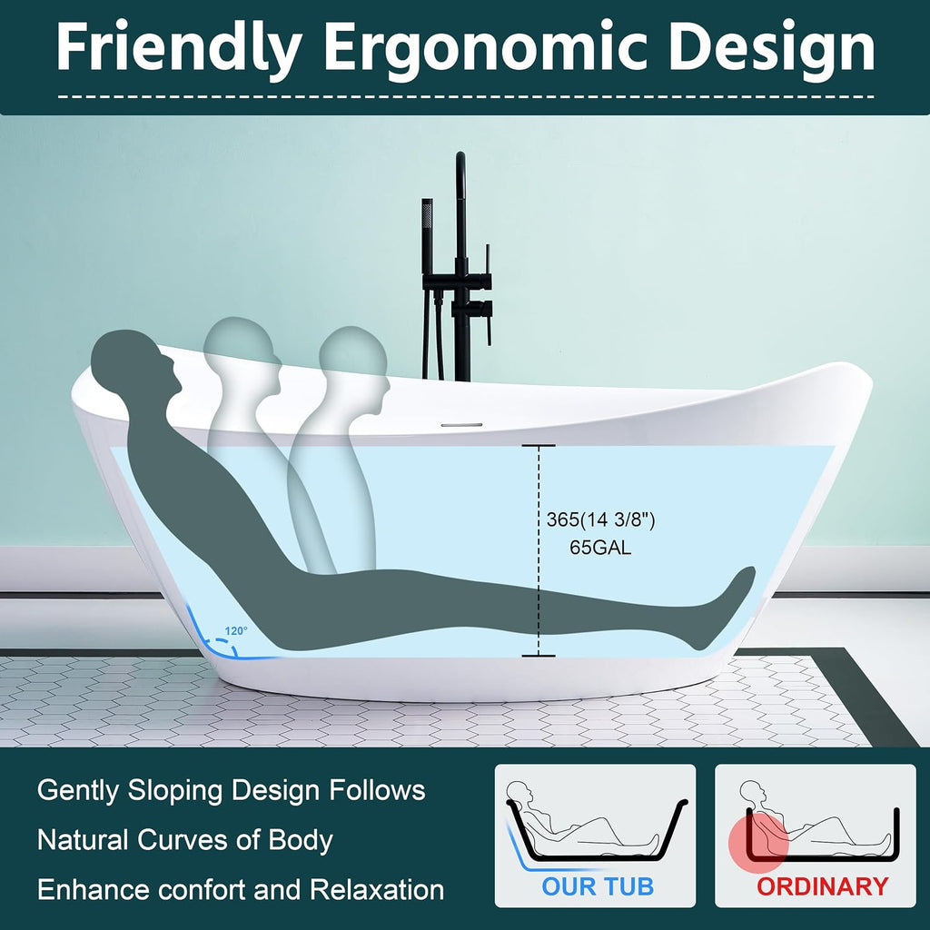 WELLFOR 70'Freestanding Acrylic Bathtub with Drain and Integrated Slotted Overflow, 65 Gallons Capacity, Soaking Bath Tub Oval Shape, Glossy White Soaking Bath Tub with Predrilled Overflow Holes