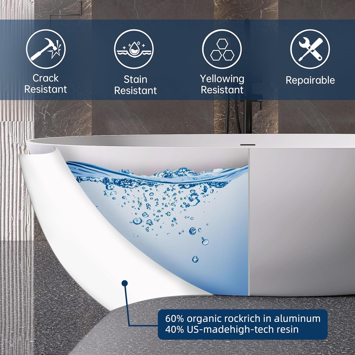 67' Stone Resin Freestanding Tub, Oval Solid Surface Bathroom Freestanding Bathtub, Thin Edge Stand Alone Tub with Integrated Slotted Overflow and Pop-up Drain, White 302-1700