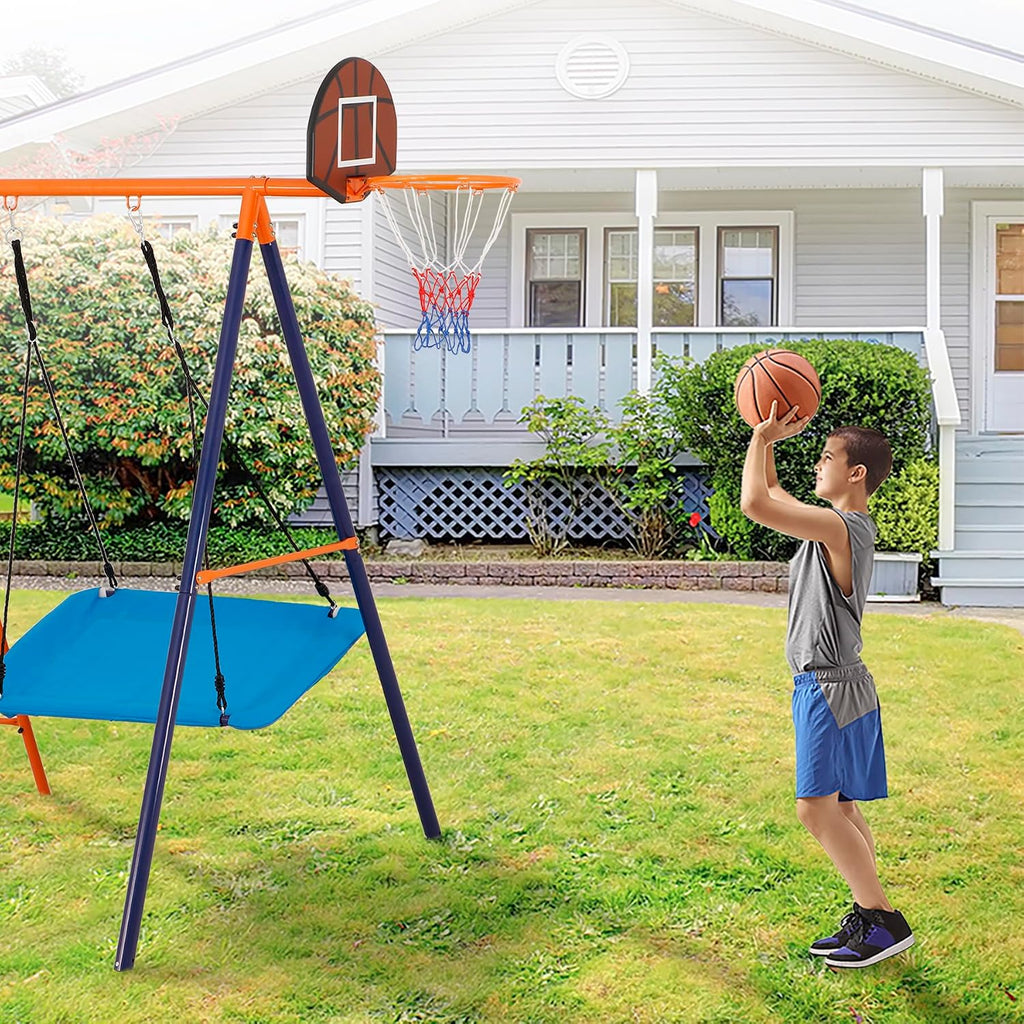 Metal Swing Sets for Backyard, Heavy Duty Toddler Playset Kids Playground Set with Hammock Swing, Belt Swings, Glider, Climbing Ladder and Nets, Basketball Hoop for Outdoor, 660 lbs