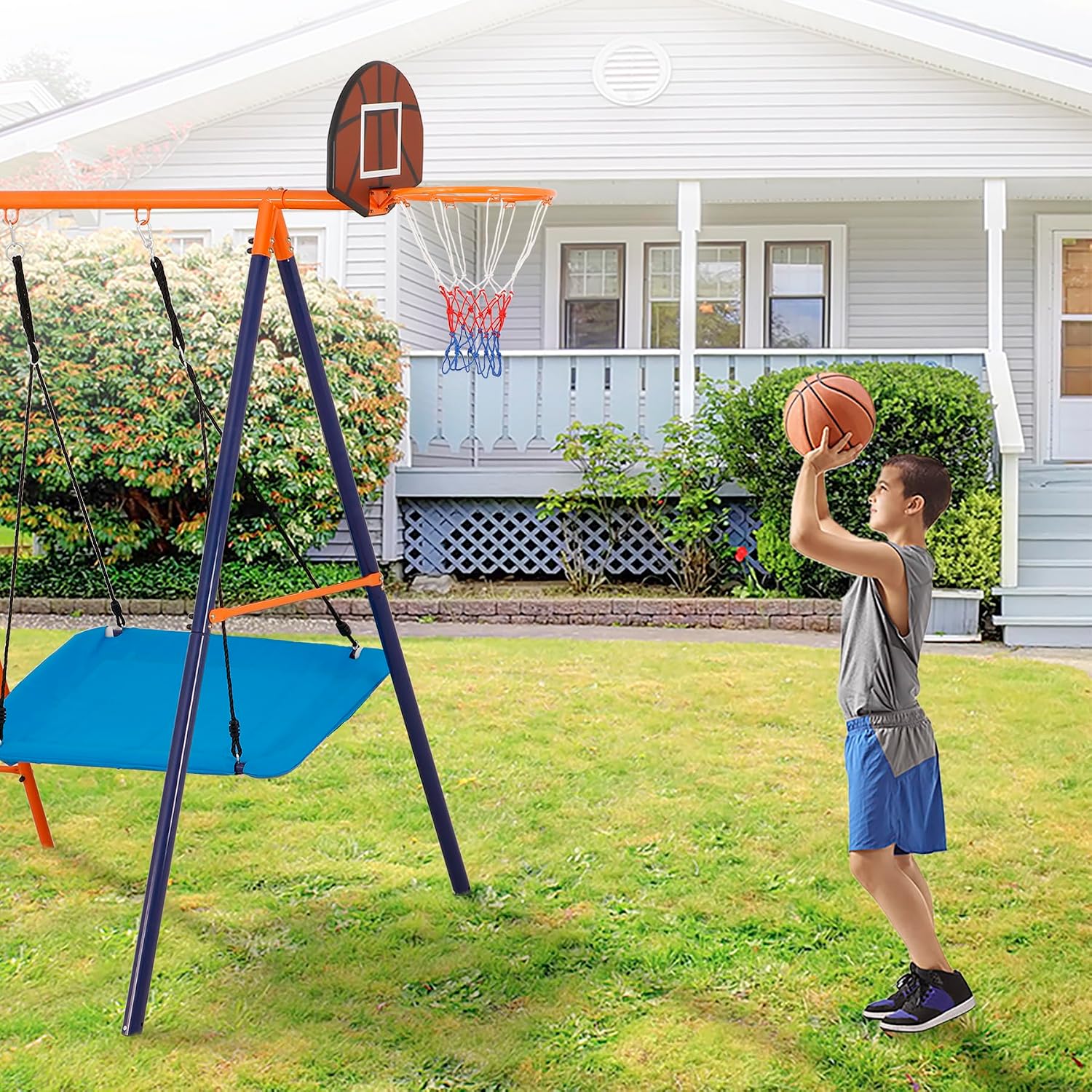 Metal Swing Sets for Backyard, Heavy Duty Toddler Playset Kids Playground Set with Hammock Swing, Belt Swings, Glider, Climbing Ladder and Nets, Basketball Hoop for Outdoor, 660 lbs