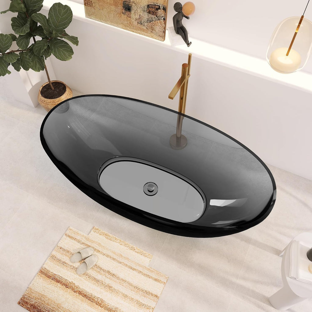 71' Premium Solid Surface Freestanding Bathtubs, Upgraded Transparent Dark Grey Oval Resin Soaking Tub with Pop-up Drain