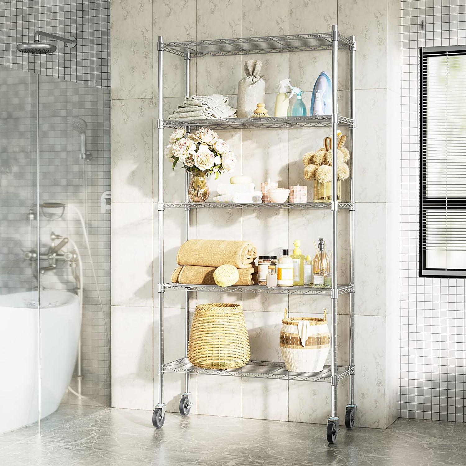 Auslar 5-Shelf Storage Shelves with Casters Heavy Duty 5 Tiers Rolling Cart Utility Racks Adjustable Wire Metal Shelving, 14' x 36' x 76.5', Chrome