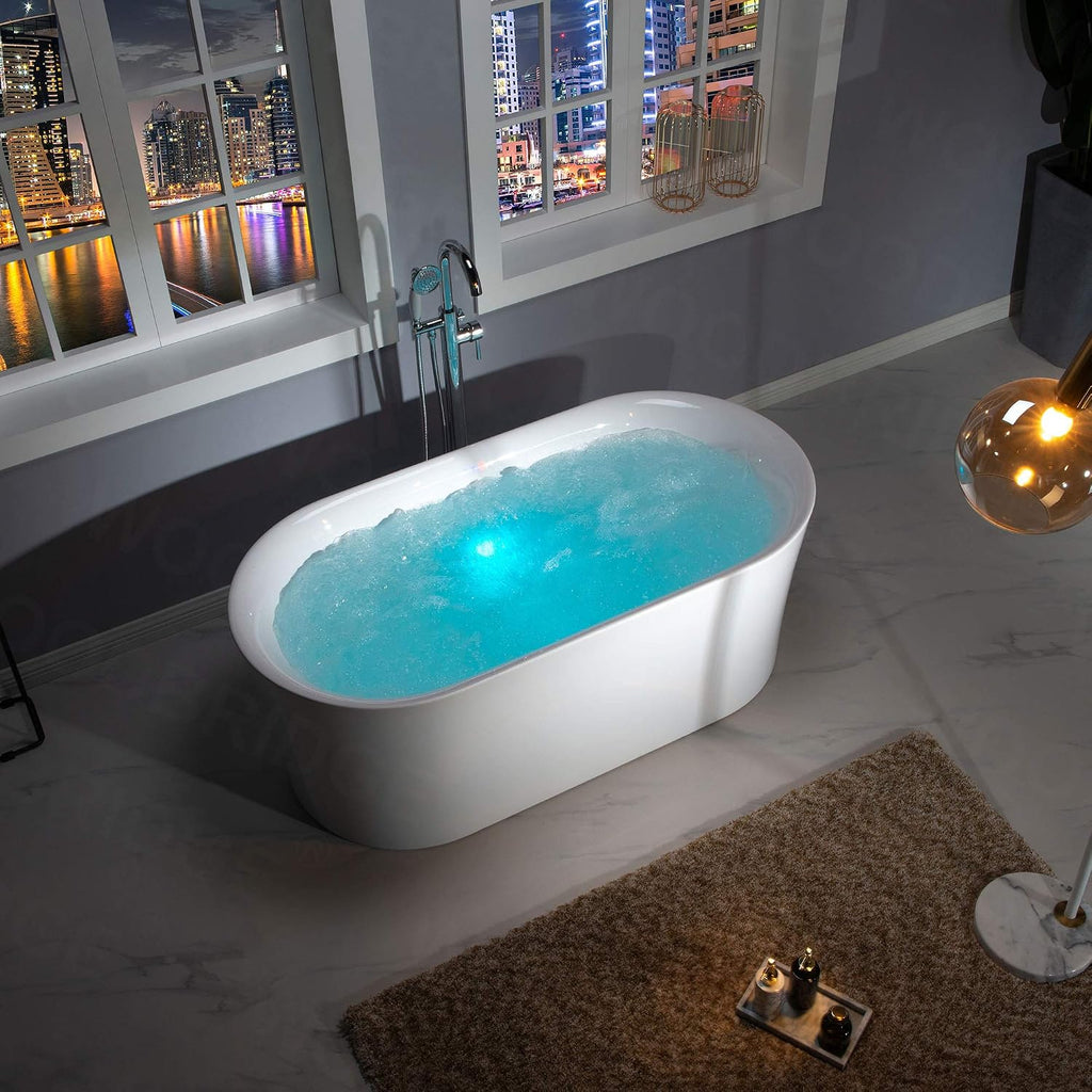 WOODBRIDGE 59' Air Bubble Acrylic Freestanding Bathtub Contemporary Soaking Tub, White Acrylic wirh Oil Rubbed Bronze Drain and Overflow,B0102-ORB