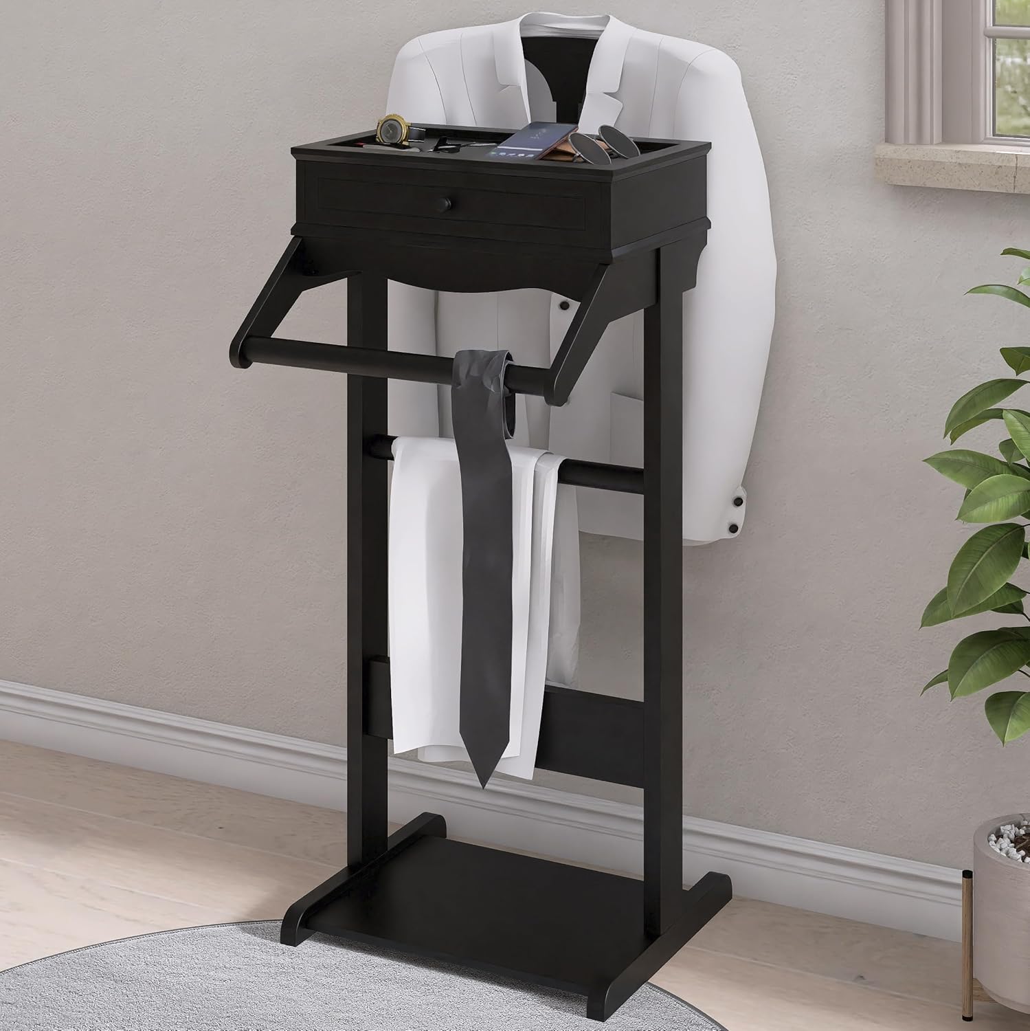 Clothes Valet Stand for Men, Wooden Clothing Rack with Drawer, Hanger, Tray, Drawer, Rods, Women Garment Valet for Bedroom, Living Room, Entryway, Office, Black