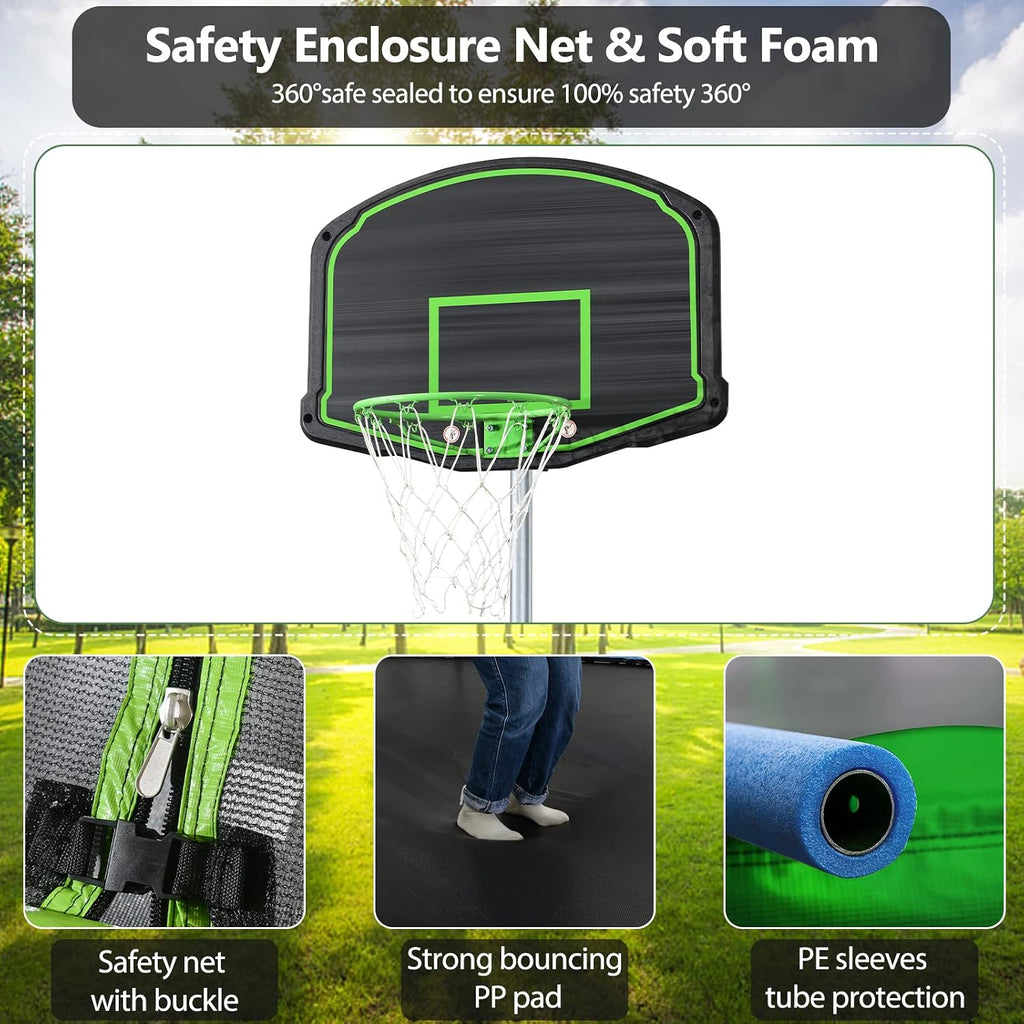Lyromix 12FT Trampoline with Slide and Swings, ASTM Approved Large Recreational Tranpoline with Sprinkler, Basketball Hoop and Net, Capacity for 5-7 Kids Adults, Green