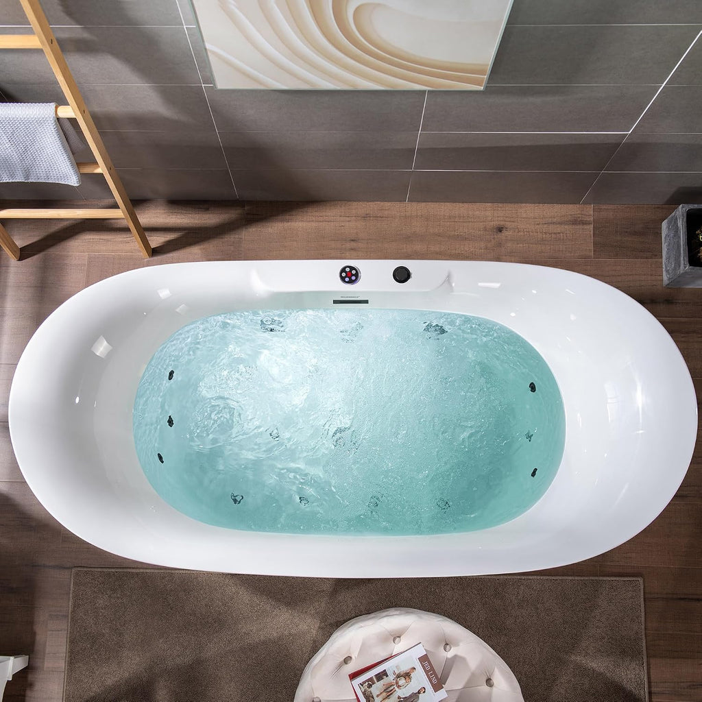 WOODBRIDGE 72' x 35-3/8' Whirlpool Water Jetted and Air Bubble Freestanding Heated Soaking Combination Bathtub with LED control panel,Matte Black drain and overflow,BM400
