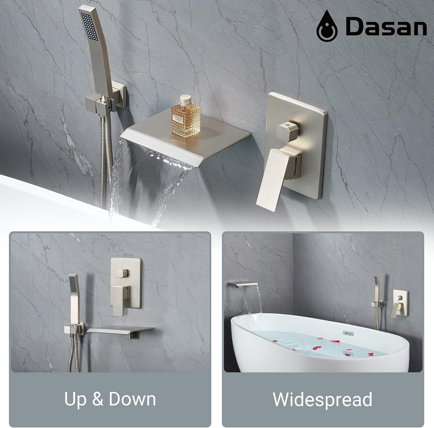 Upgraded Wall Mount Tub Filler Faucet with Handheld Shower, DASAN Modern Wall Mounted Bathtub Faucet Brushed Nickel High Flow Waterfall Tub Faucet with Rough in Valve, SA-TF04WH-BN