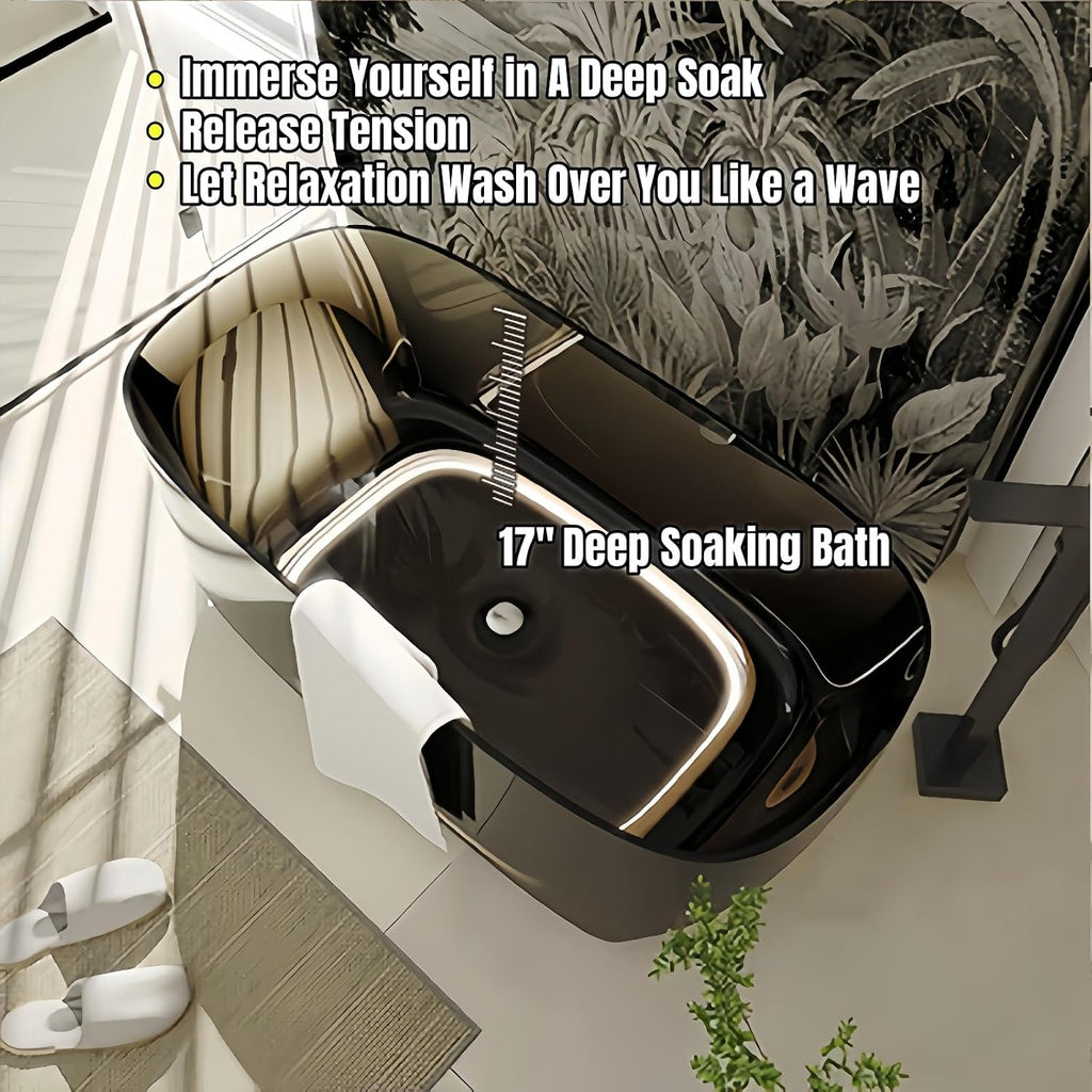 63' Edeyeu Transparent Freestanding Bathtub – Solid Surface Bathtub Soaking Tub With Ambient Light, Deep Resin Design And Ergonomic Backrest For Modern Bathroom Luxury With Drain Gray