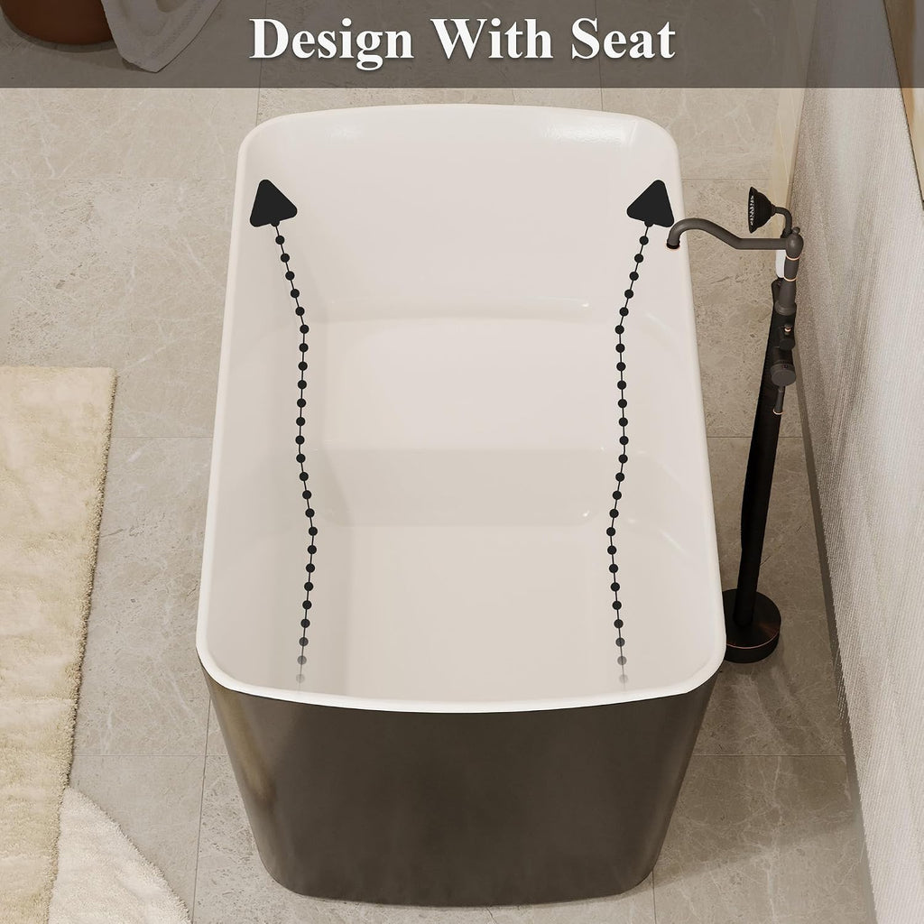 Casainc 49' Acrylic Freestanding Bathtubs, Square Shaped Japanese Soaking Tub with Seat Design, Chrome Drain & Overflow, cUPC Certified (Black)