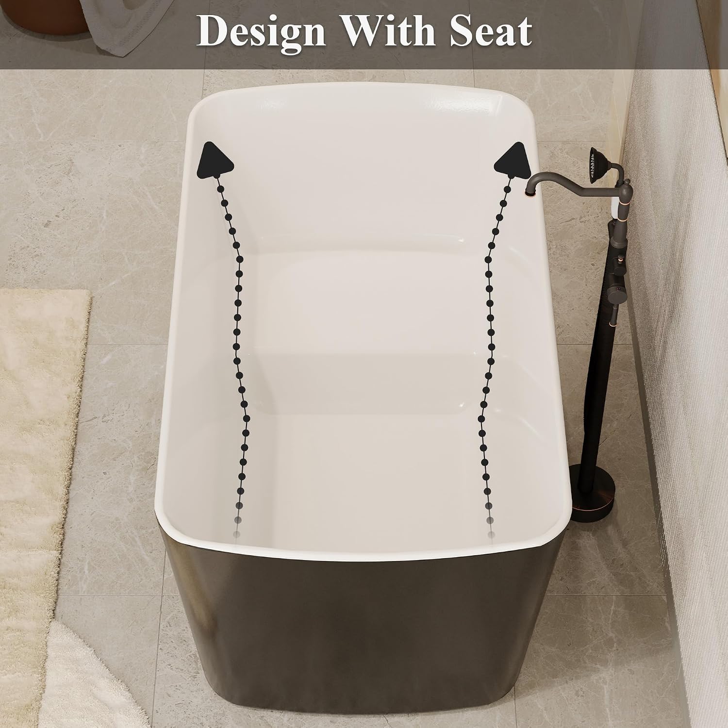 Casainc 49' Acrylic Freestanding Bathtubs, Square Shaped Japanese Soaking Tub with Seat Design, Chrome Drain & Overflow, cUPC Certified (Black)