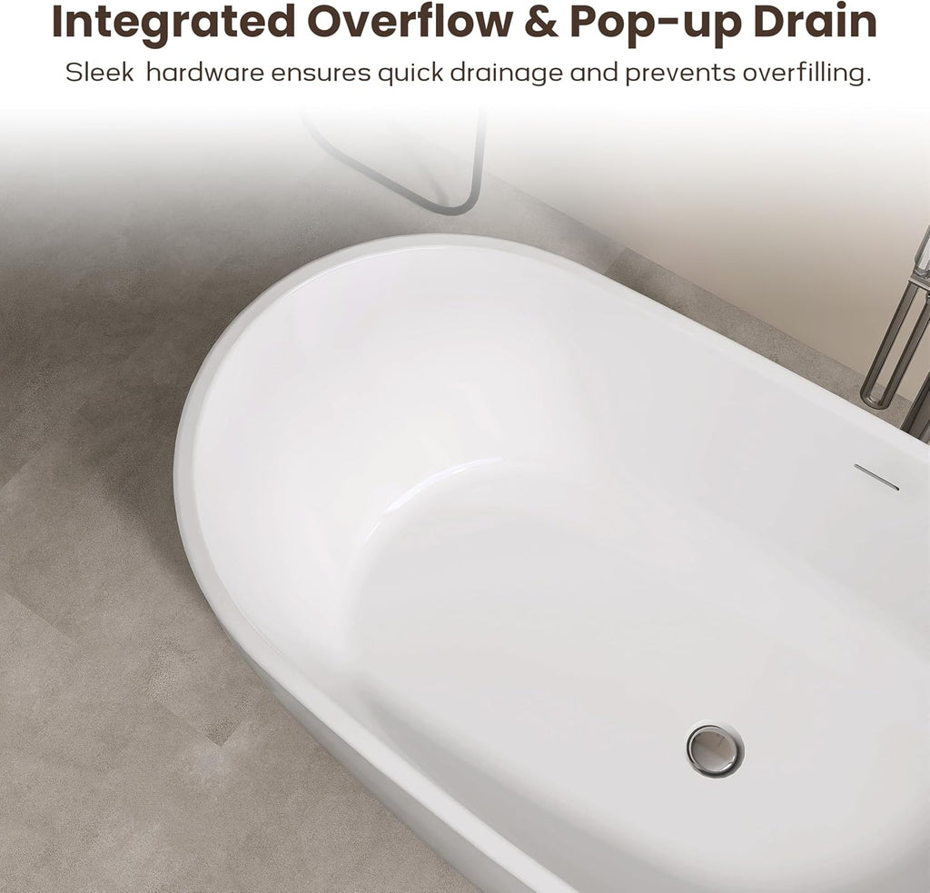 SJ STAR&JANE 65' Freestanding Bathtub, Acrylic Soaking Bathtub, Modern Acrylic Stand Alone Tub in white Intergrated Drain and Overflow,cUPC Certified