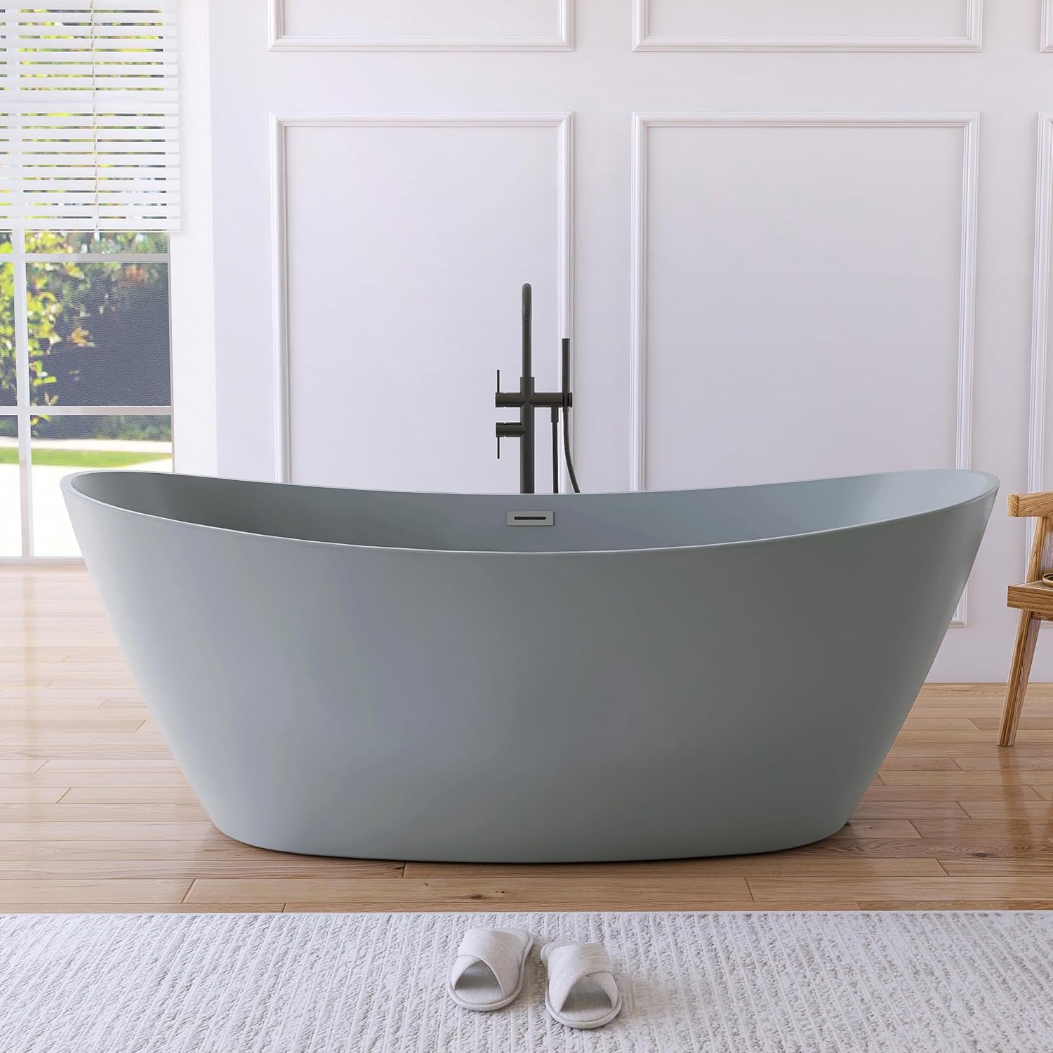 71' Acrylic Freestanding Bathtub, High-back Soaking Tub for Bathroom, Stand Alone Tub, cUPC Certified, Integrated Overflow and Drain, Gloss Grey