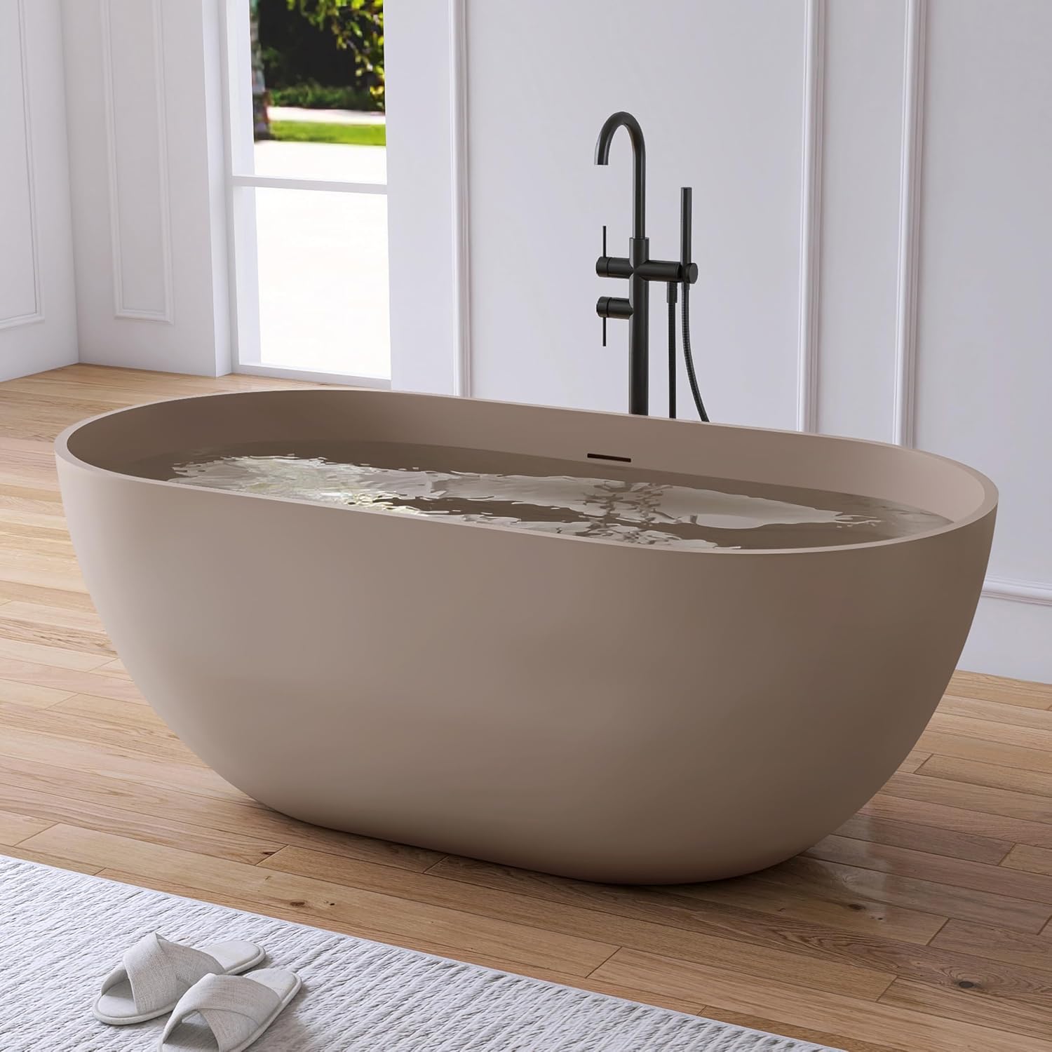 59' Freestanding Bathtub Tubs Resin Stone, Solid Surface Free Standing Tub, Oval Sorker Tub Bathtubs with Overflow and Pop up Drain, Brown