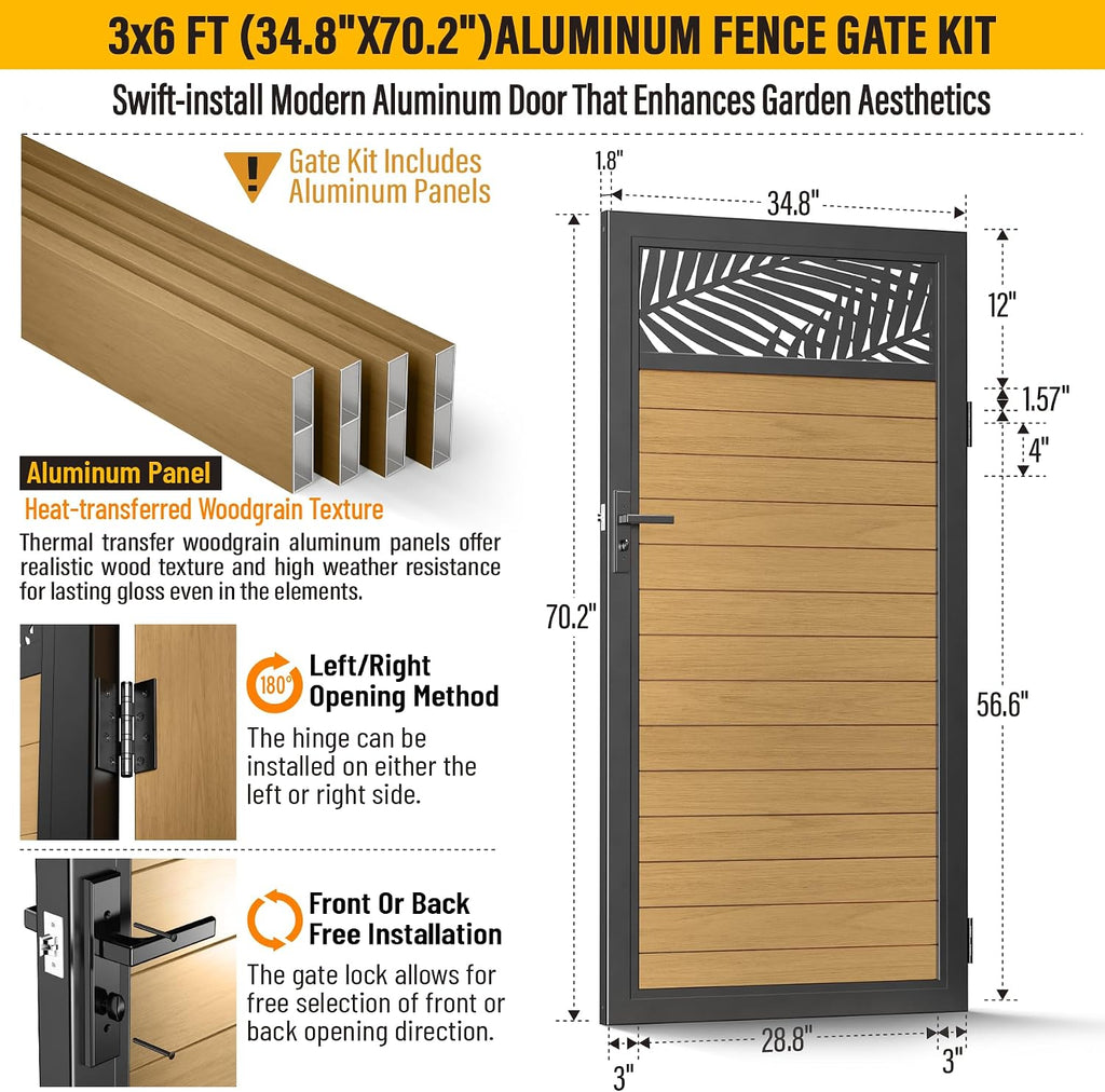 3x6 FT Aluminum Fence Gate Kit Wood Grain Aluminum Gate with Decorative Cutout, Lock & Hinges, Left/Right Opening, Weather Resistant for Yard Garden Patio