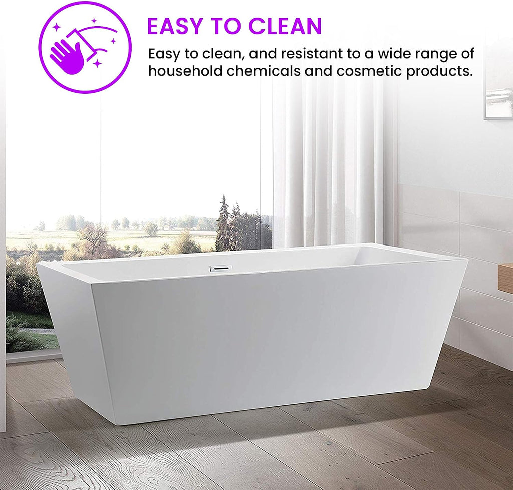 Vanity Art 67 X 31 Inch White Acrylic Freestanding Bathtub | Contemporary Design Soaking Tub with Pop-up Drain and Slotted Overflow Included, UPC Certified VA6814-L