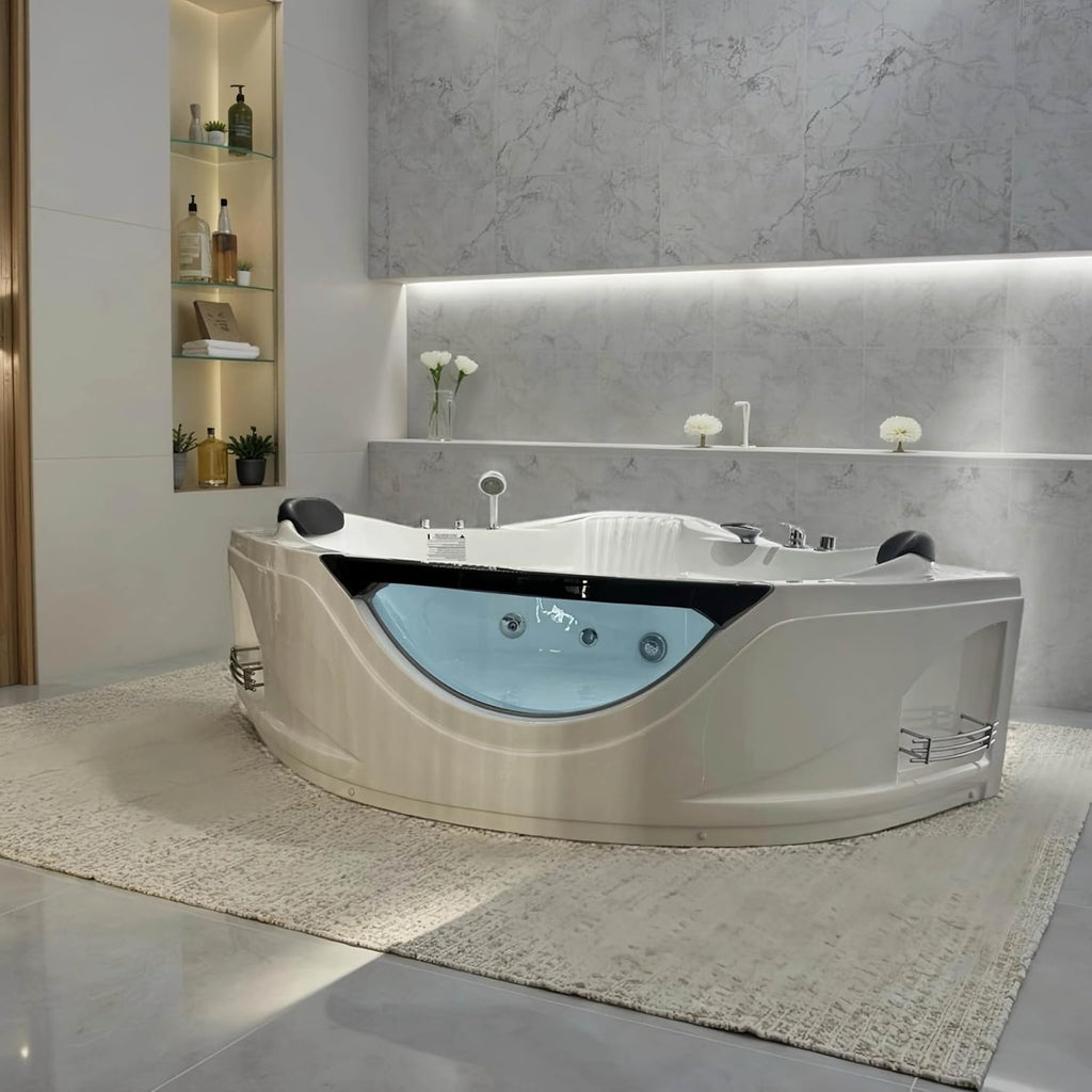 59'x59' Jetted Corner Tubs with 6 Whirlpool Nozzles, 2 Person Massage Whirlpool Bathtub with Pillows, Hydro Massage, Chromatherapy LED Lights, Certified Water Pump, Pneumatic Adjust System