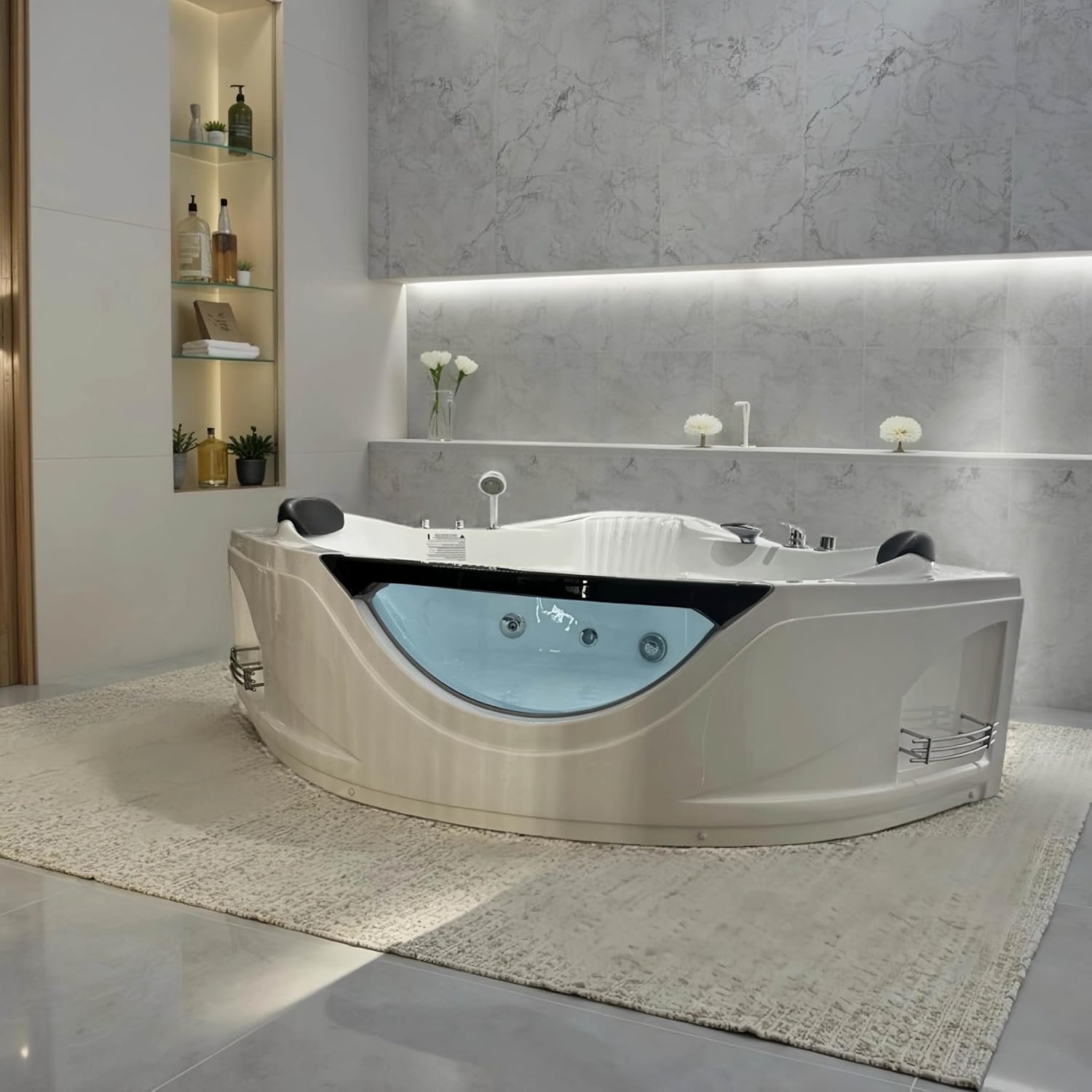 59'x59' Jetted Corner Tubs with 6 Whirlpool Nozzles, 2 Person Massage Whirlpool Bathtub with Pillows, Hydro Massage, Chromatherapy LED Lights, Certified Water Pump, Pneumatic Adjust System