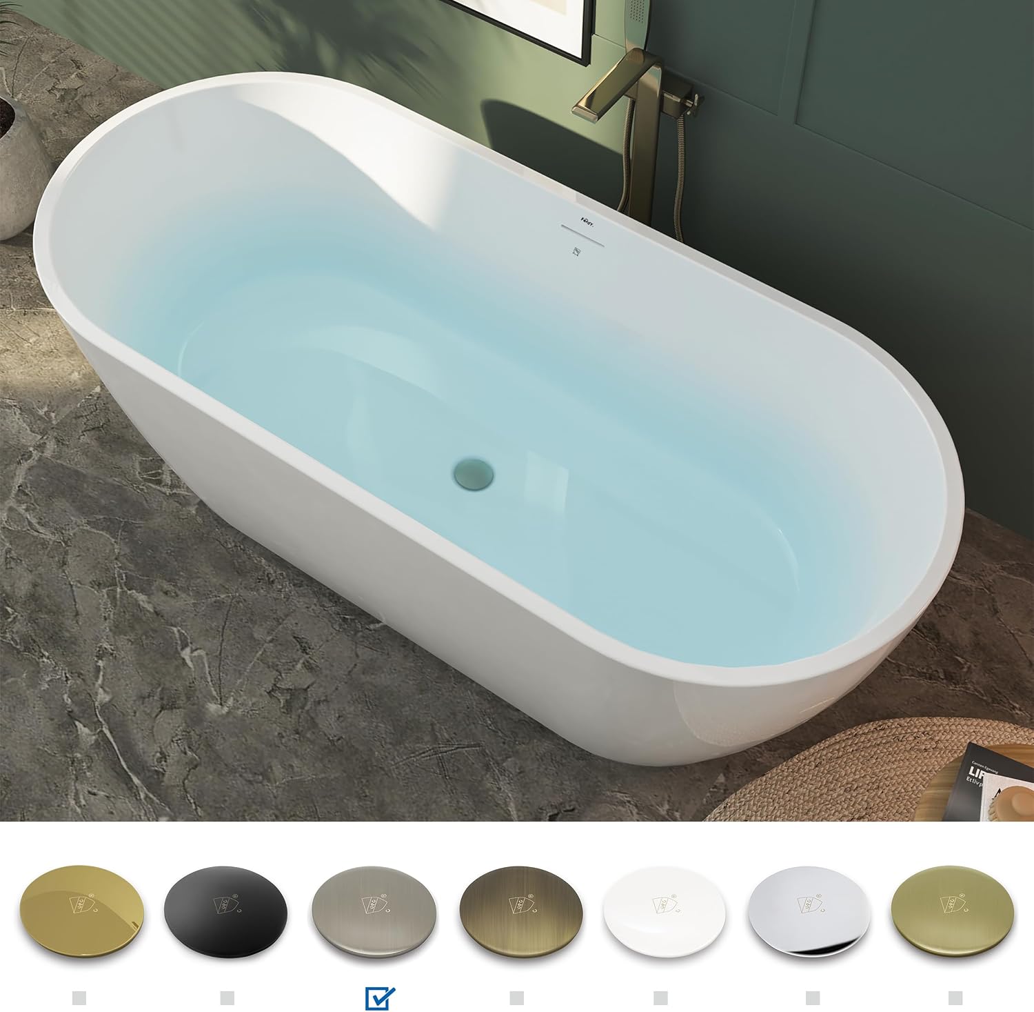 FerdY 67' Bali Elite Acrylic Freestanding Bathtub with Headrest, Gracefully Shaped Soaking Bathtub, cUPC Certified, Toe-Tap Brushed Nickel Drain & Overflow& Bath Pillow Included