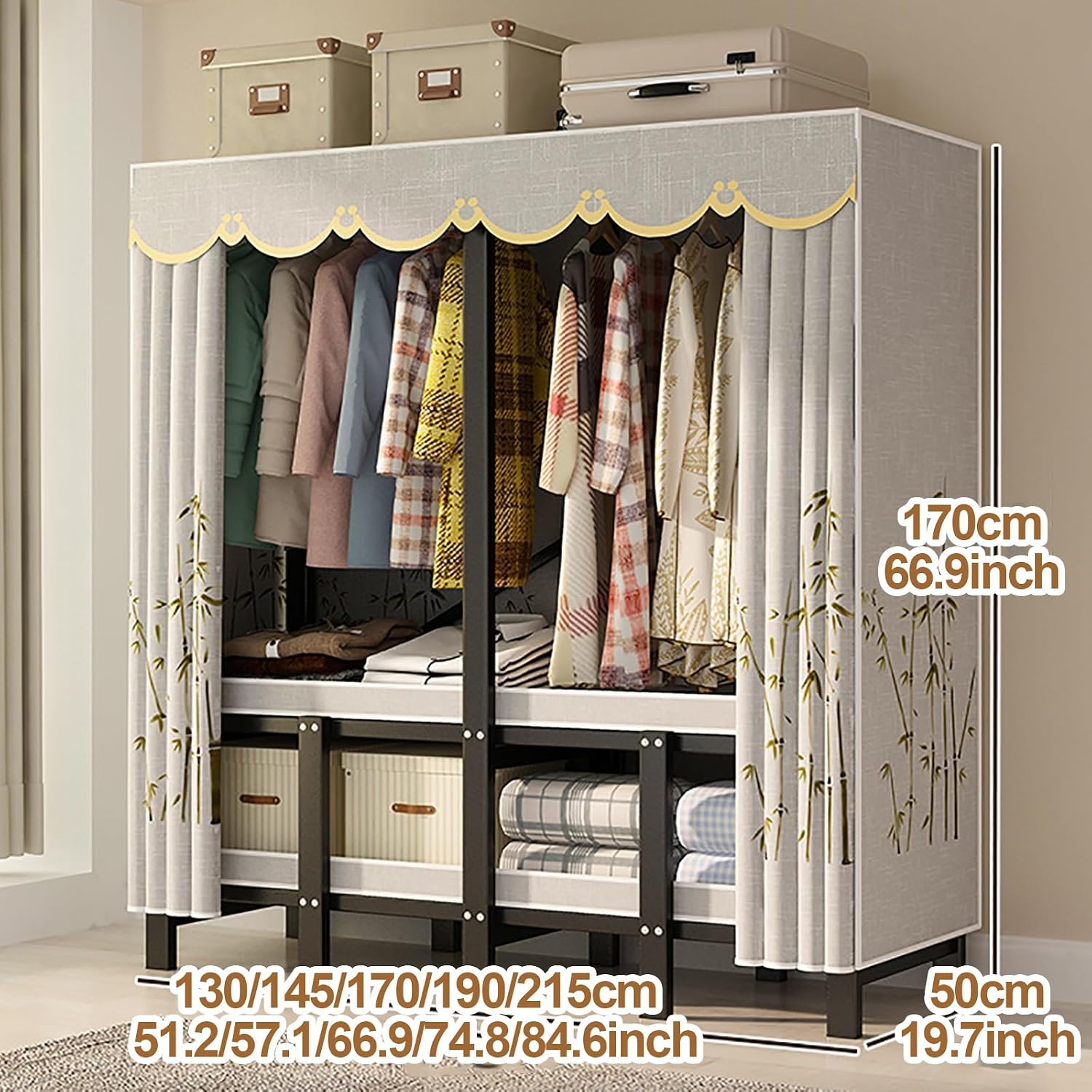 Foldable Portable Wardrobe Closet With Cover, Freestanding Clothing Racks For Hanging Clothes, Coat Storage Metal Garment Racks For Bedroom(Yellow,145cm/57.1inch)