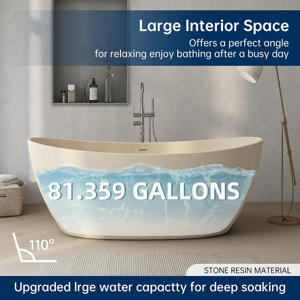 65'' Resin Stone Freestanding Bathtub, Solid Surface Free Standing Tub, Contemporary Design Soaking Tub with Pop-up Drain and Overflow, Stand Alone Tubs cUPC Certified, Latte color