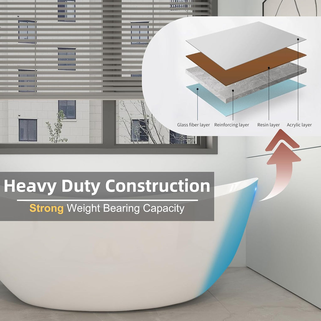 65' Double Slipper Freestanding Soaking Bathtub, WHALEKING Luxury Stand Alone Free Standing Acrylic Tub with Chrome Overflow and Drain, Glossy White