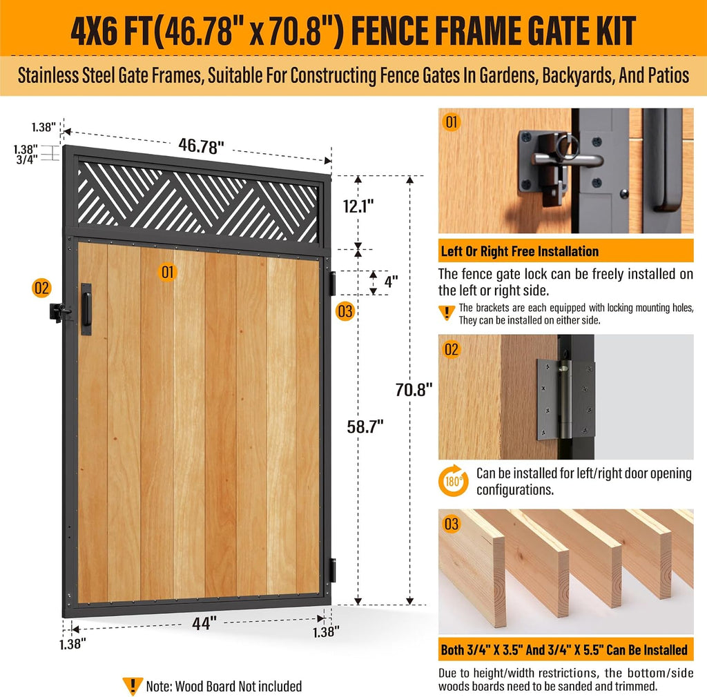 Fence Gate Frame Kit 201 Stainless Steel Anti-Sag Heavy Duty Garden Gate Reinforcement Hardware, Left/Right Mount (No Panels Included)