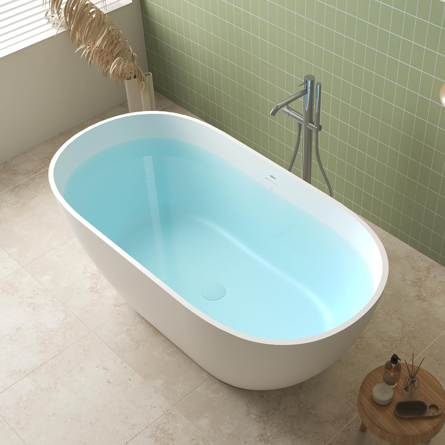 FerdY Fiji 59' Stone Resin Freestanding Bathtub, Elegant Oval Freestanding Soaking Bathtub, Solid Surface Soaking Tub, Matte White, cUPC Certified, Pop-up and Drain Integrated Slotted Overflow